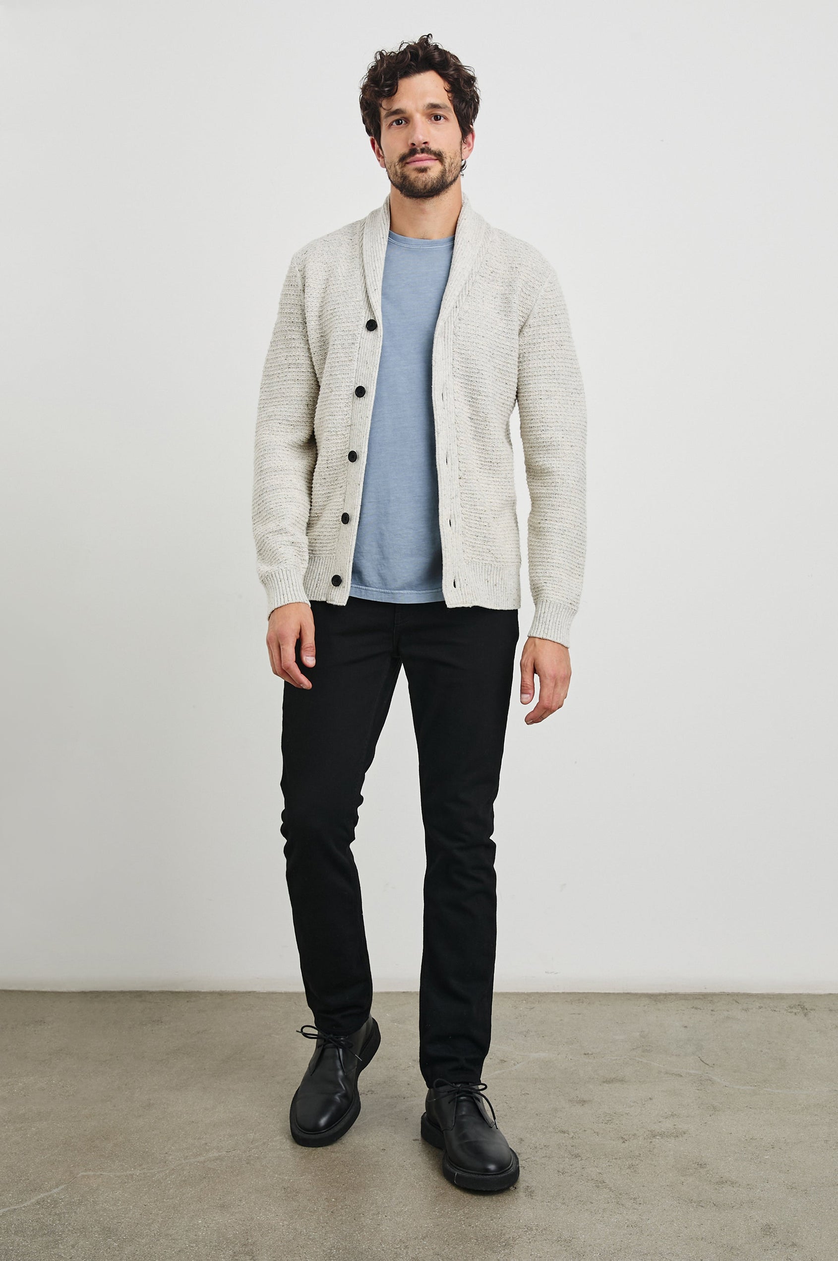 Shepley Long-Sleeve Cardigan with Button Closure and a Shawl Collar in Natural Oat Colorway - Front Full Body View Featured on Model