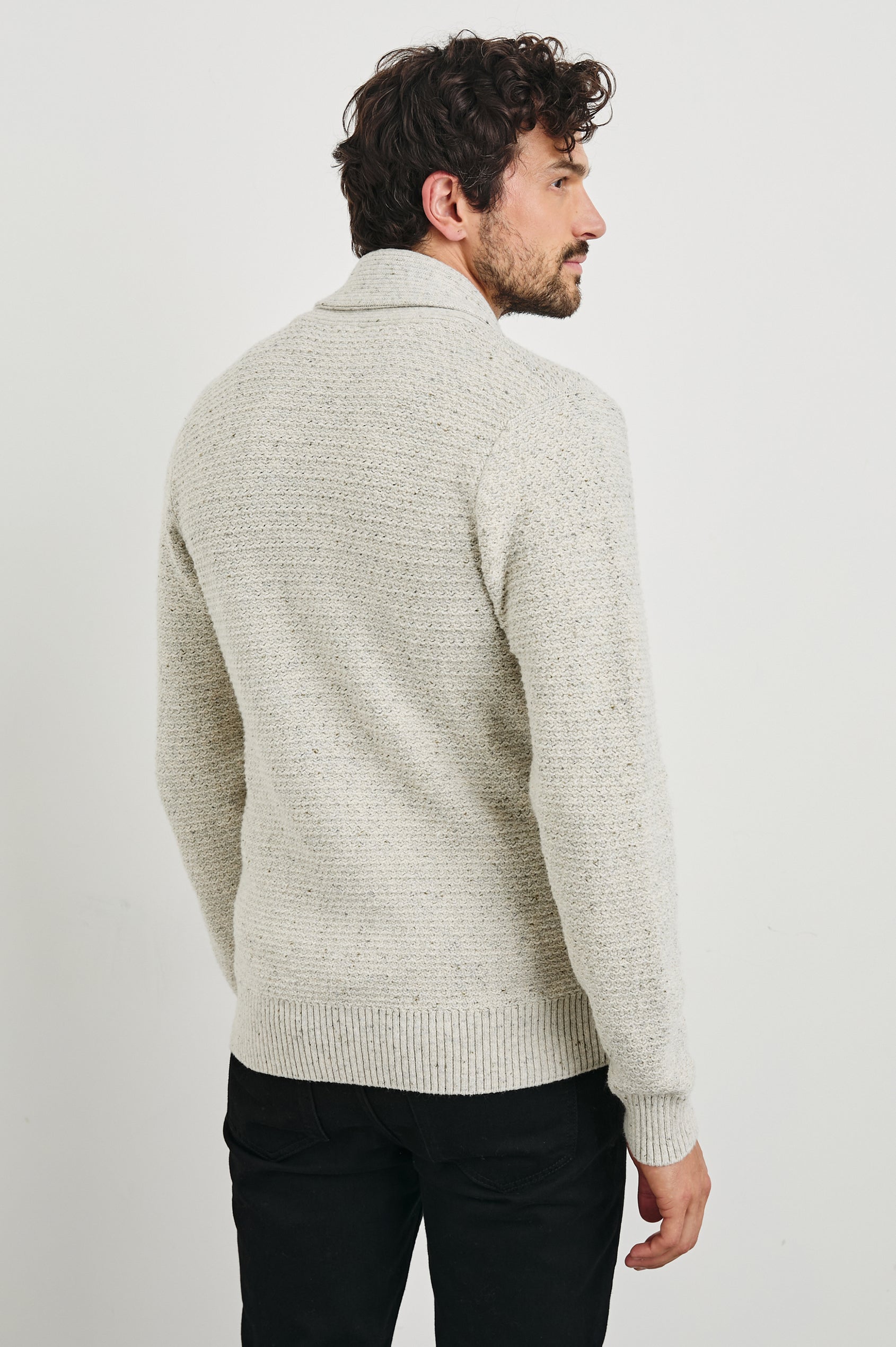 Shepley Long-Sleeve Cardigan with Button Closure and a Shawl Collar in Natural Oat Colorway - Back View Featured on Model