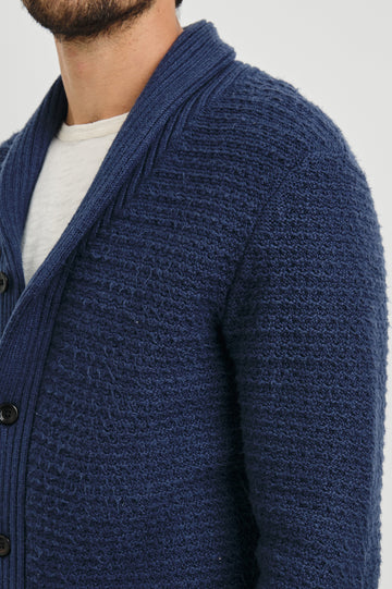 Shepley Long-Sleeve Cardigan with Button Closure and a Shawl Collar in Navy Colorway - Front View Featured on Model