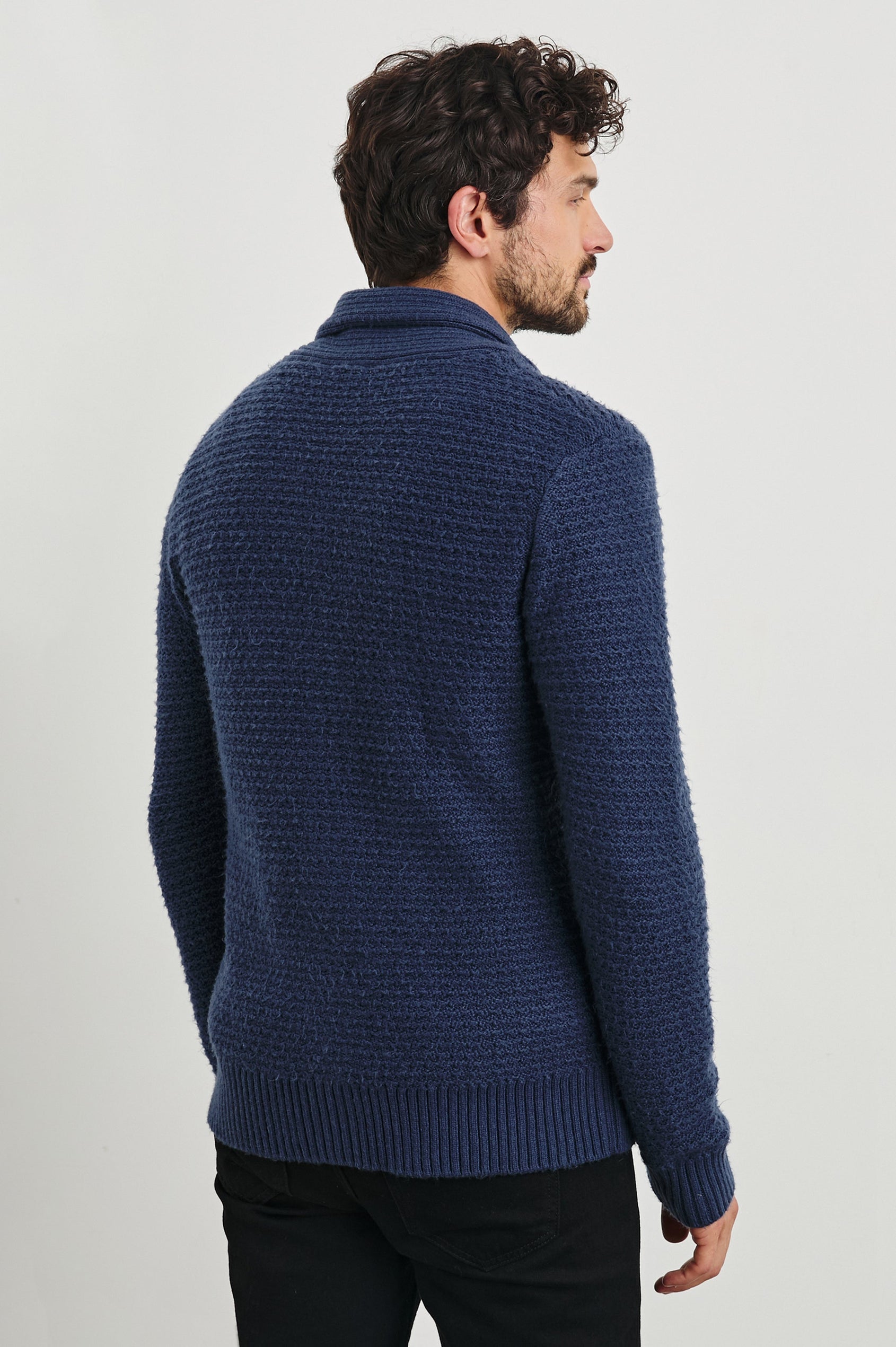 Shepley Long-Sleeve Cardigan with Button Closure and a Shawl Collar in Navy Colorway - Back View Featured on Model