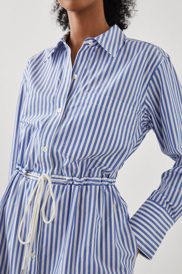 Shivonne Long-Sleeve Midi Dress with a Full Button Front, a Collar and a Drawcord Waist in Rivera Stripe Colorway, Blue and White Vertical Stripes - Front View Featured on Model