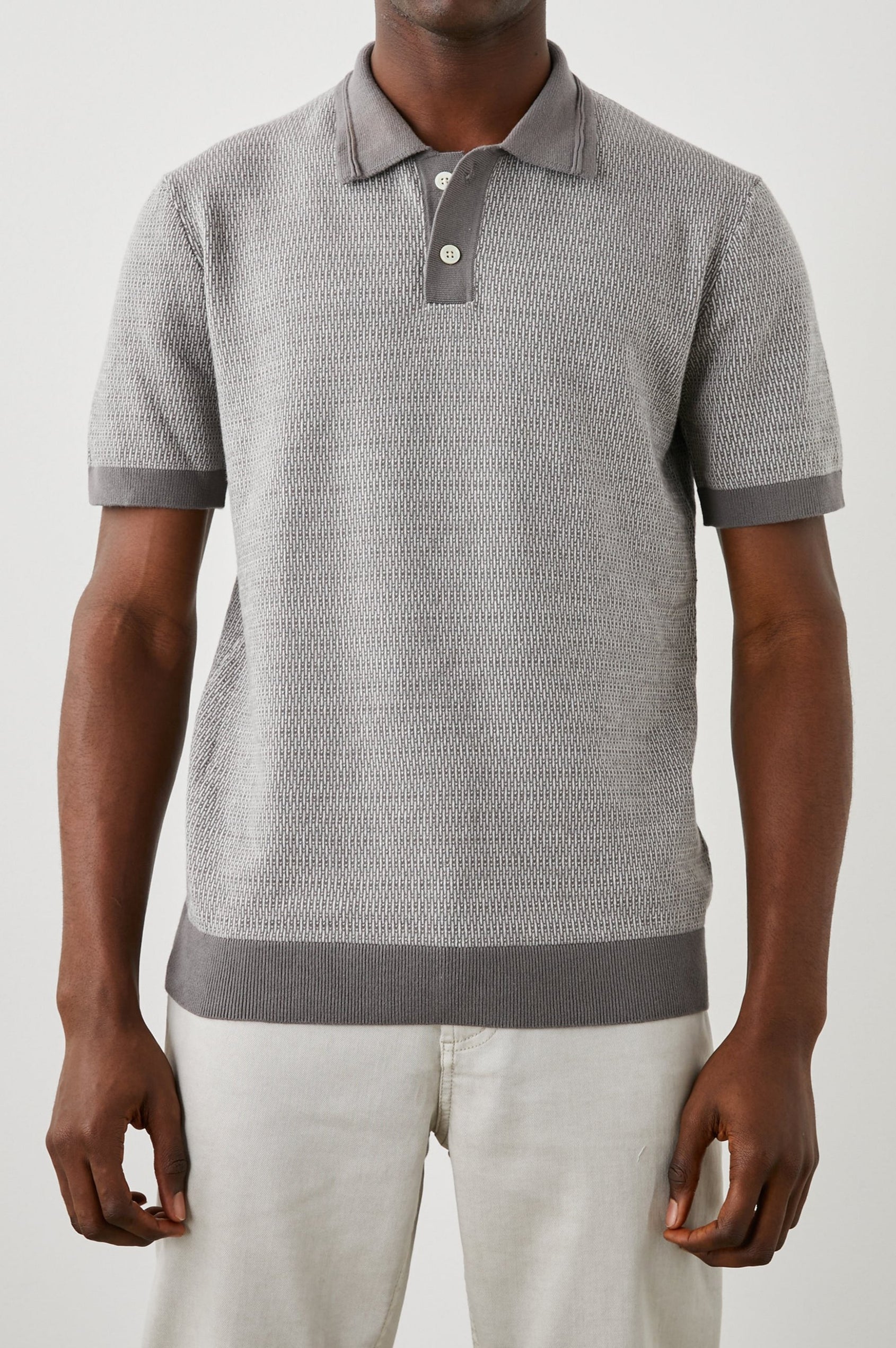 SHOREDITCH GREY BROQUADE POLO SHIRT - FRONT