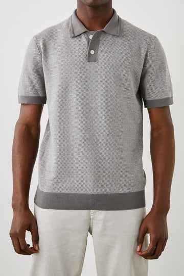 SHOREDITCH GREY BROQUADE POLO SHIRT - FRONT