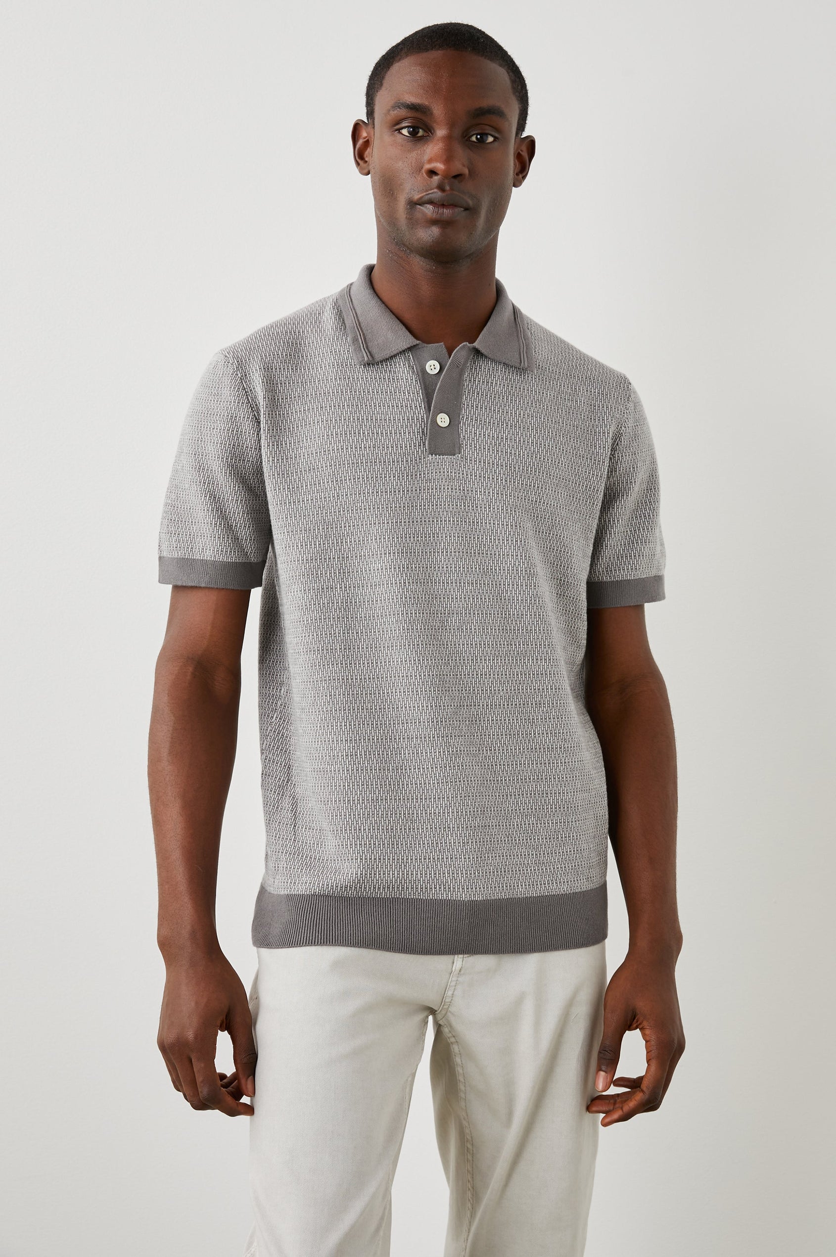 SHOREDITCH GREY BROQUADE POLO SHIRT -  FRONT HALF BODY