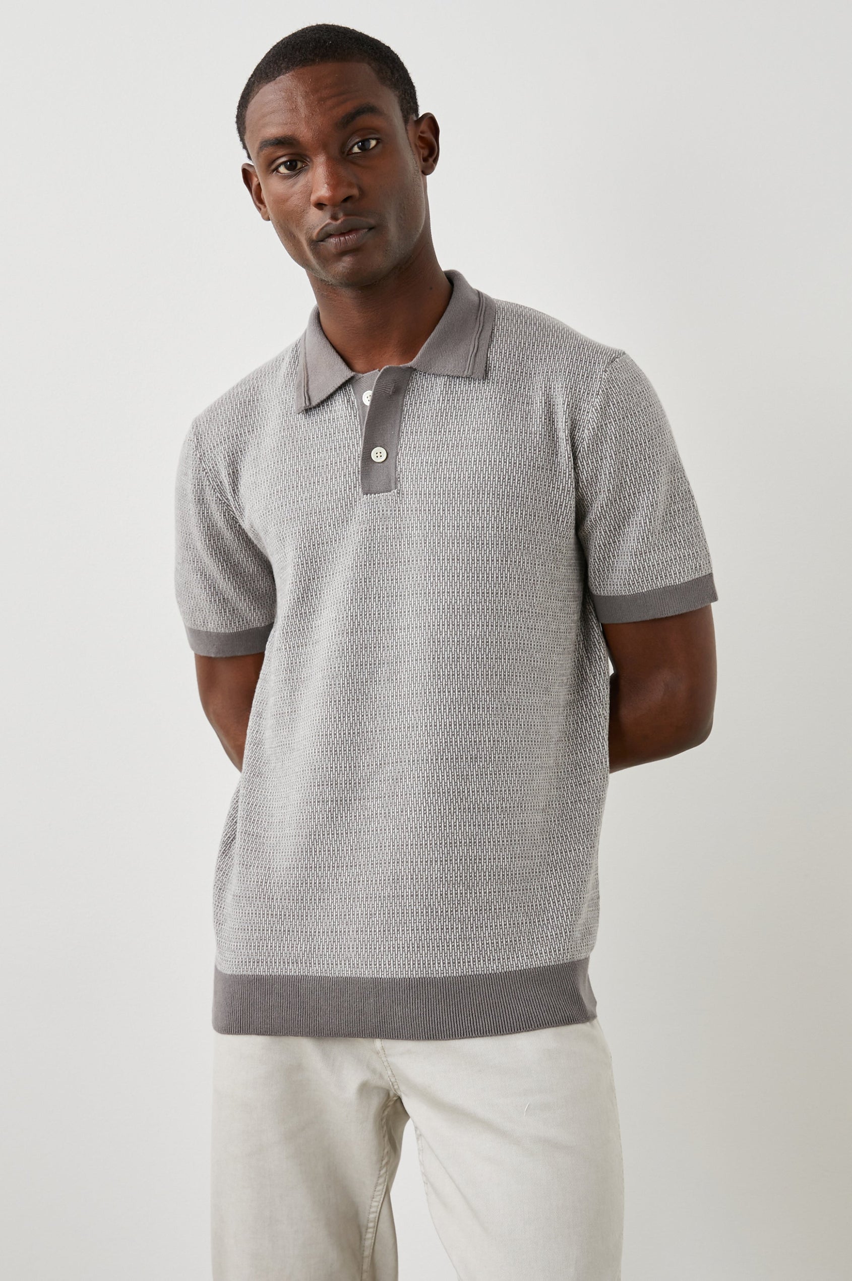 SHOREDITCH GREY BROQUADE POLO SHIRT - FRONT ARMS BEHIND BACK