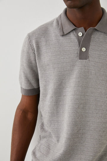SHOREDITCH GREY BROQUADE POLO SHIRT - FRONT DETAIL