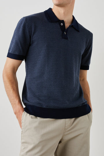 SHOREDITCH NAVY BROQUADE POLO SHIRT - FRONT