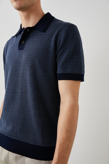 SHOREDITCH NAVY BROQUADE POLO SHIRT - DETAIL