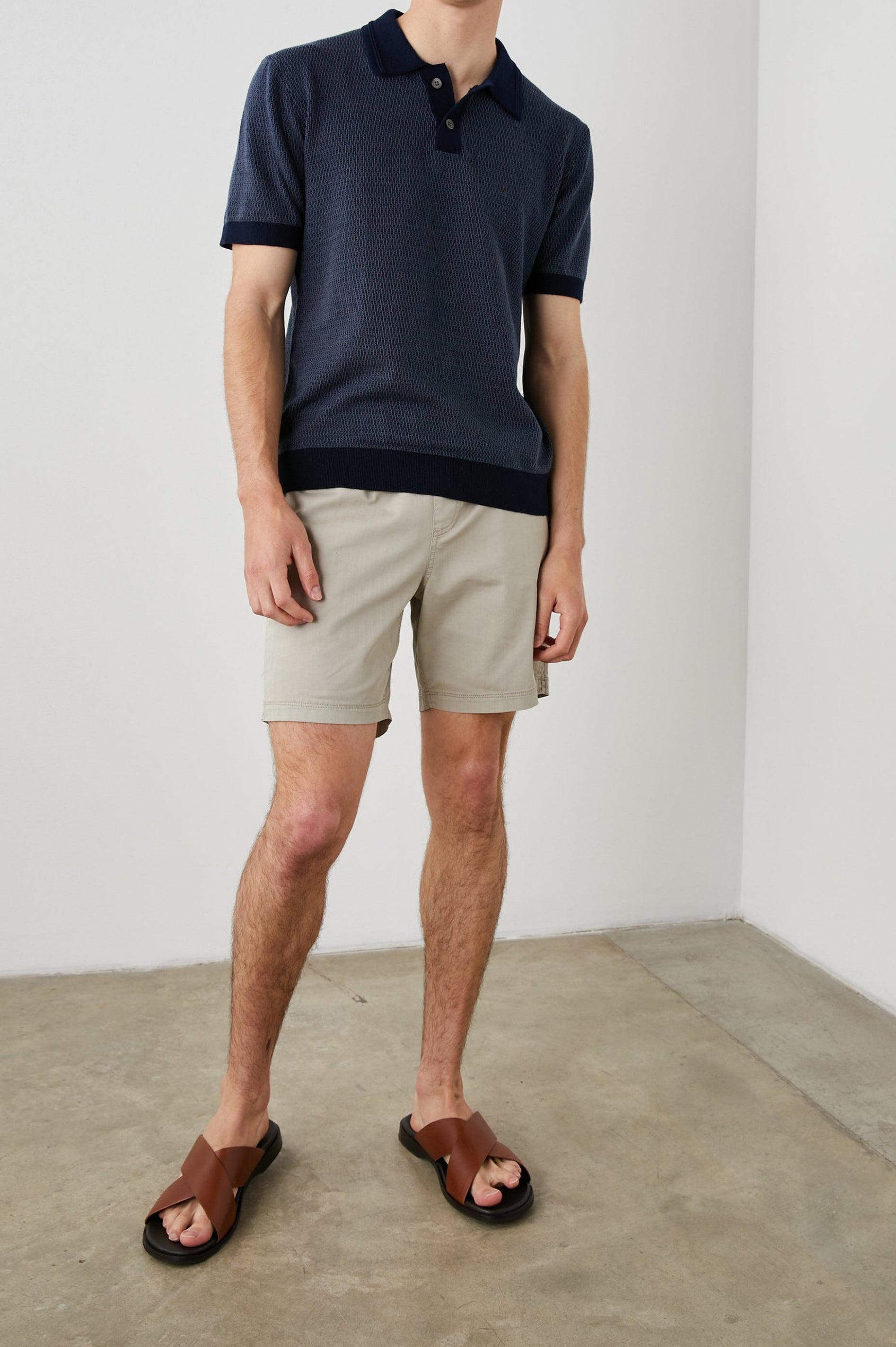 SHOREDITCH NAVY BROQUADE POLO SHIRT - FRONT FULL BODY