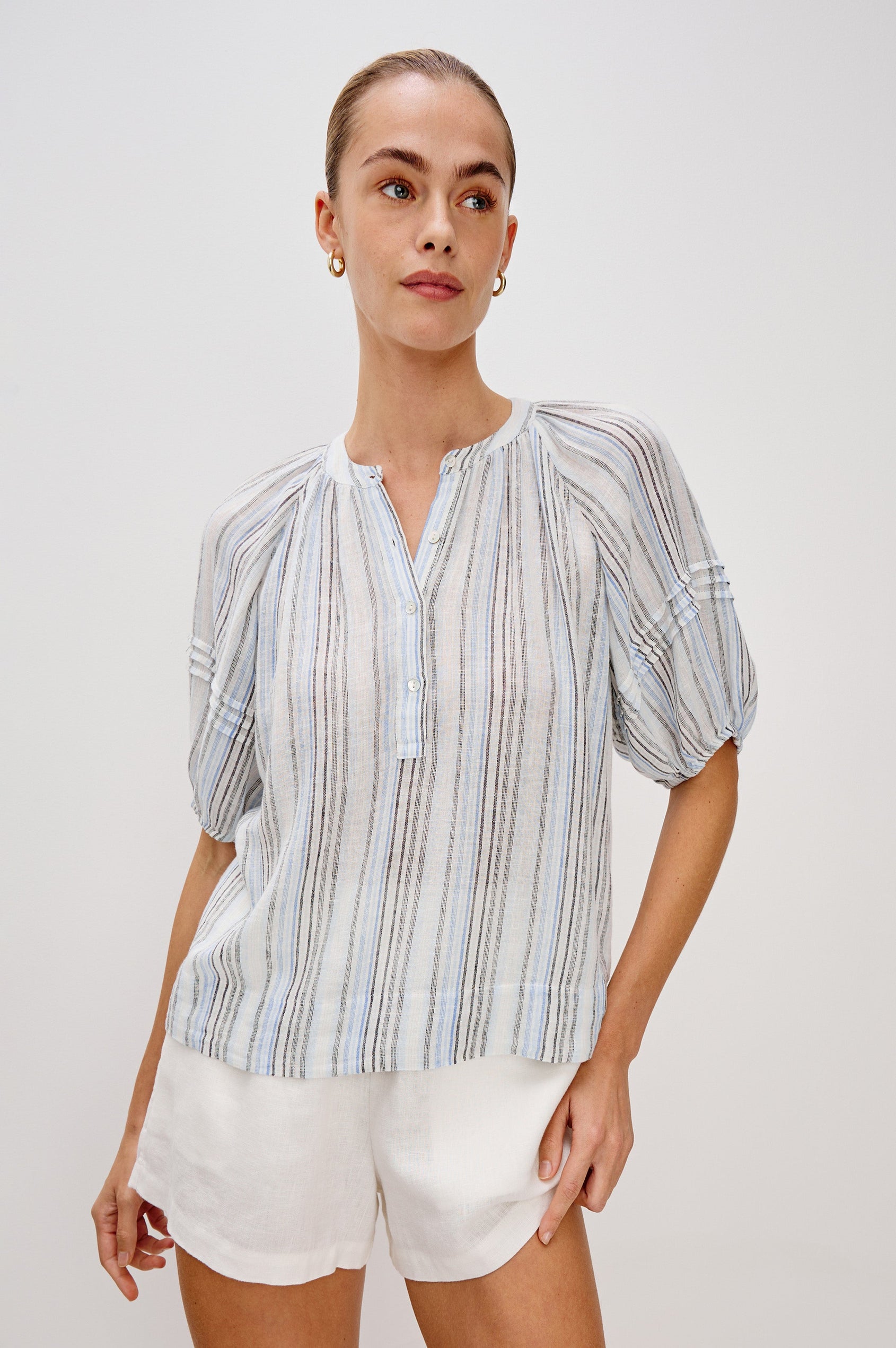 Shoshanna Pull Over Button Front Blouse with Elbow Length Raglan Blouson Sleeves in Antibes Stripe. Front View Shown on Model.
