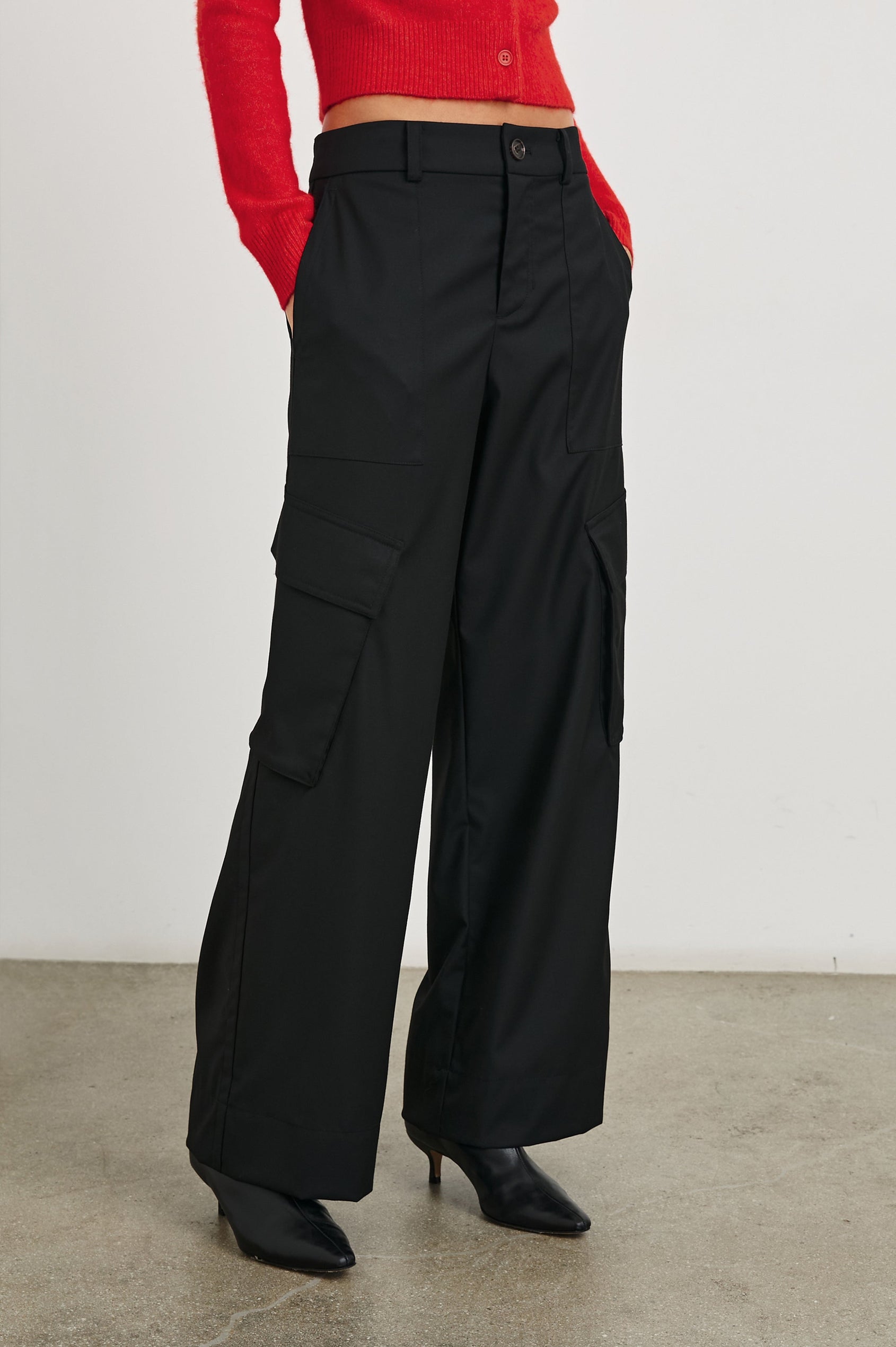 Sienna Pants with Belt Loops, Two Front Pockets, Two Side Patch Flap Pockets and Two Back Flap Patch Pockets in Black Colorway - Front View Featured on Model