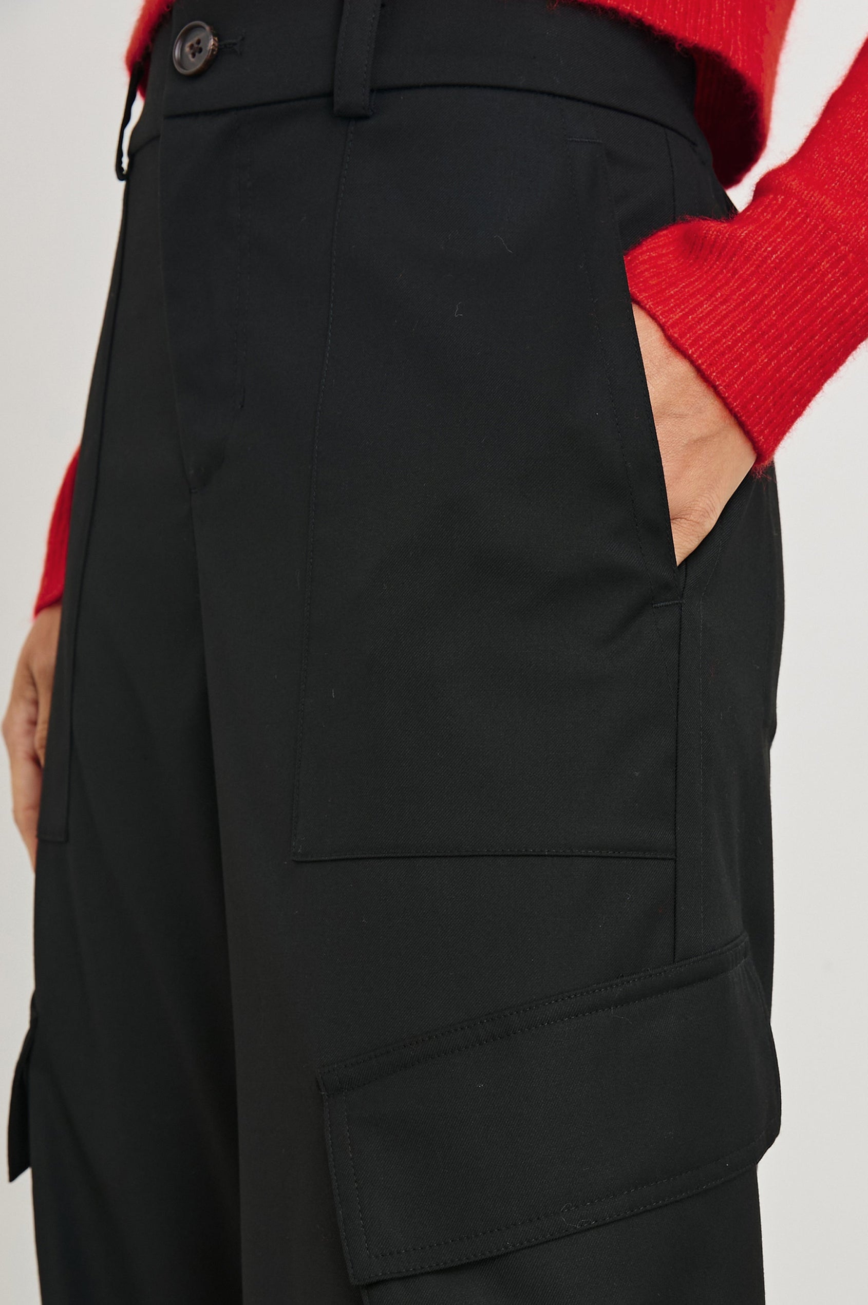 Sienna Pants with Belt Loops, Two Front Pockets, Two Side Patch Flap Pockets and Two Back Flap Patch Pockets in Black Colorway - Front View Featured on Model