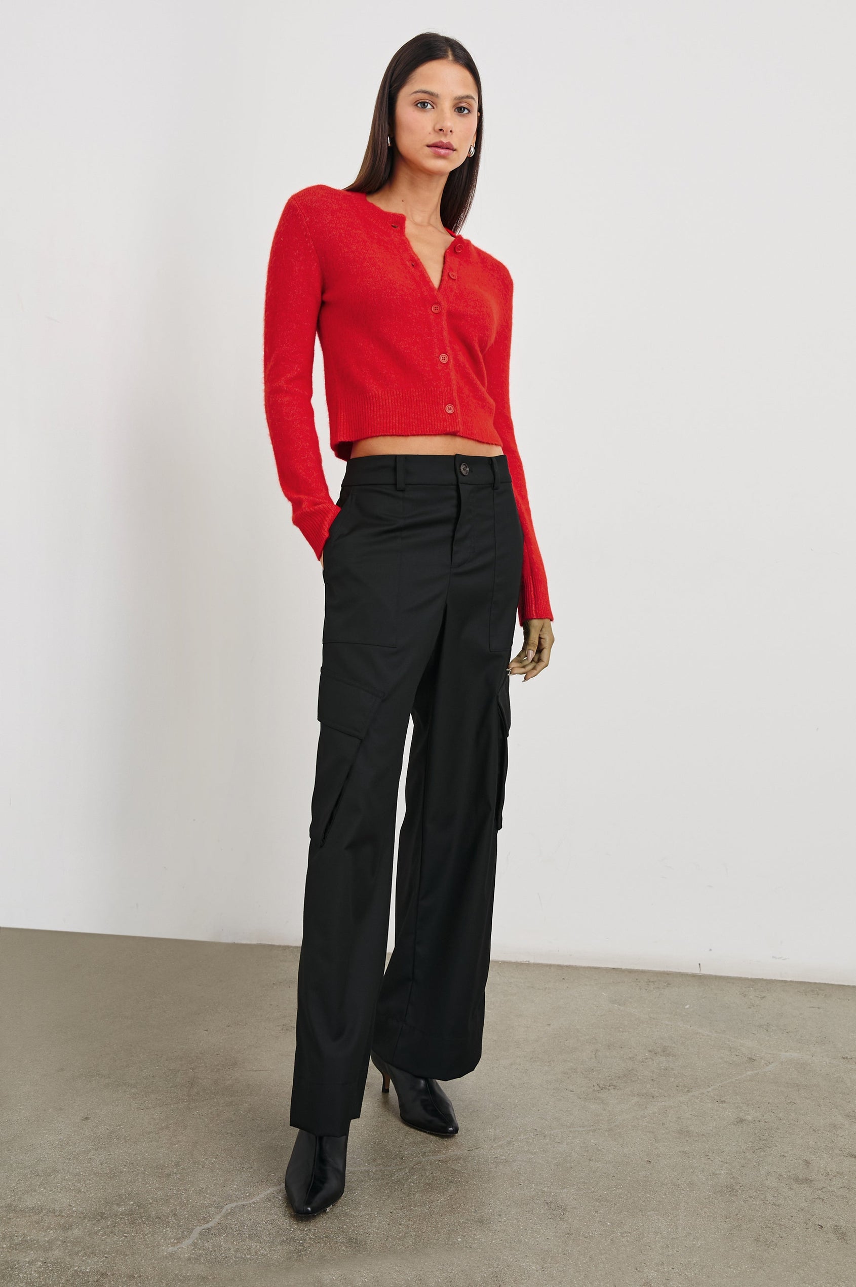 Sienna Pants with Belt Loops, Two Front Pockets, Two Side Patch Flap Pockets and Two Back Flap Patch Pockets in Black Colorway - Front Full Body View Featured on Model