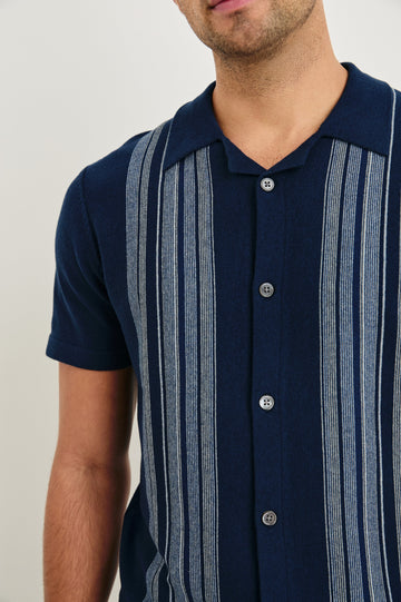 Silas short sleeve knit button down shirt with retro front striped design features in Blue Heather Multi - close up of details on model