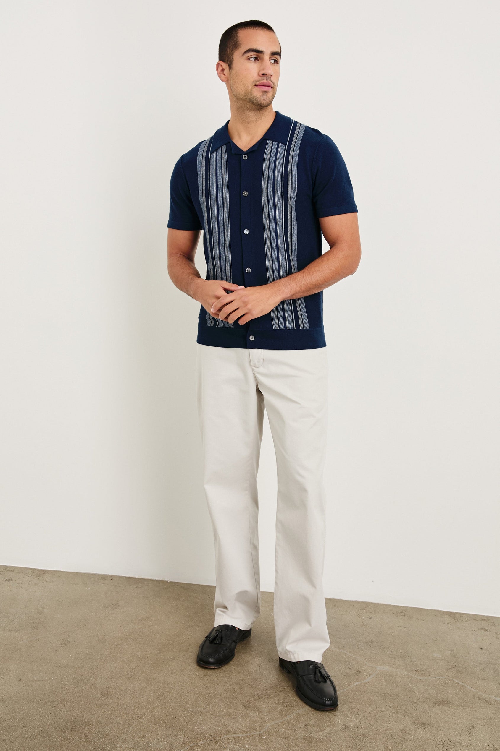 Silas short sleeve knit button down shirt with retro front striped design features in Blue Heather Multi - full body front view on model