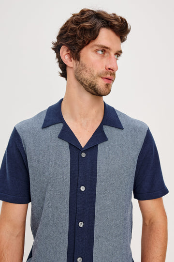 Silas short sleeve knit button down shirt with retro front striped design features in Navy Lagoon Stripe - front detail view on model 