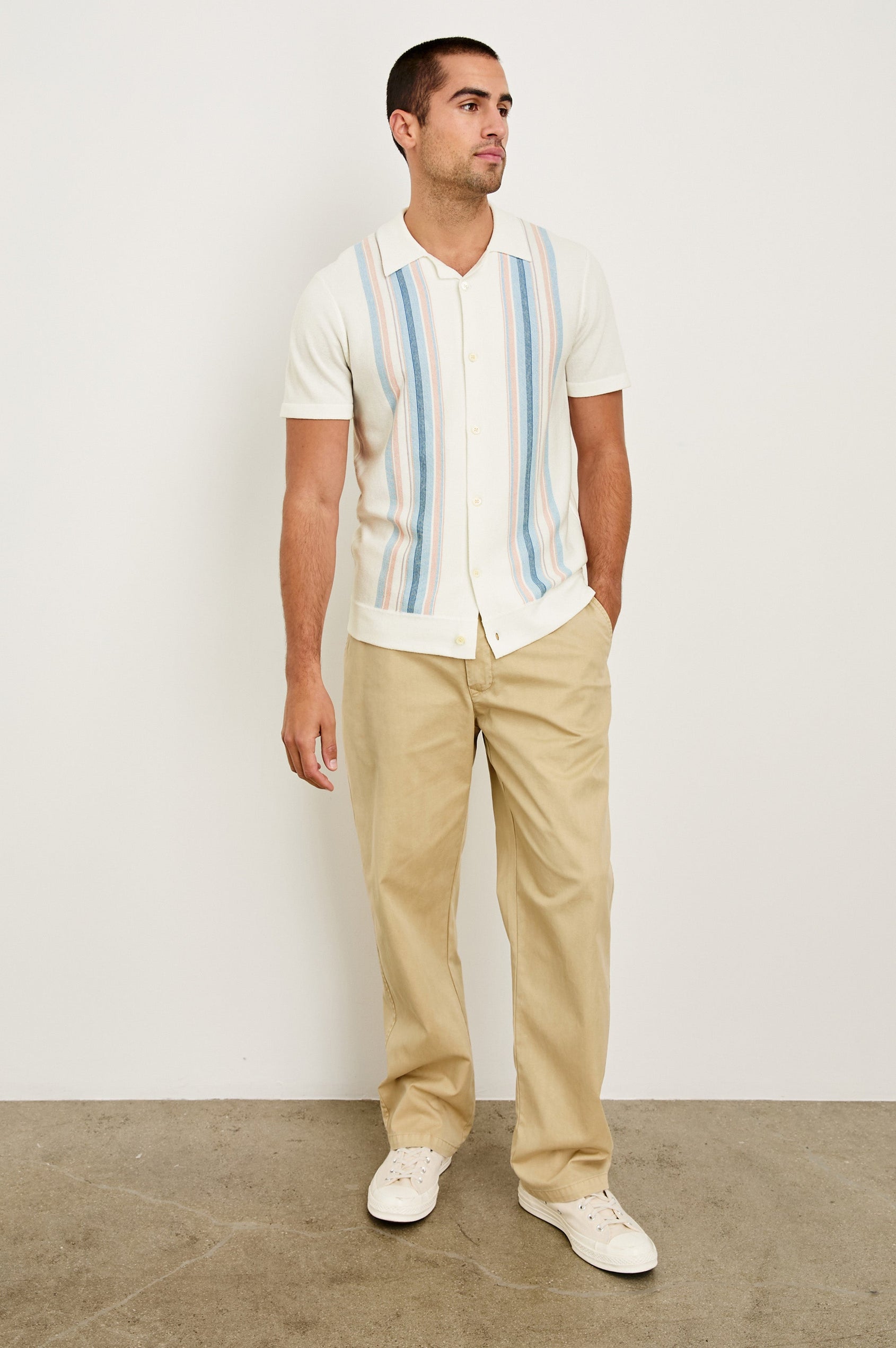 Silas short sleeve knit button down shirt with retro front striped design features in Sky Pink Multi - full body front view on model