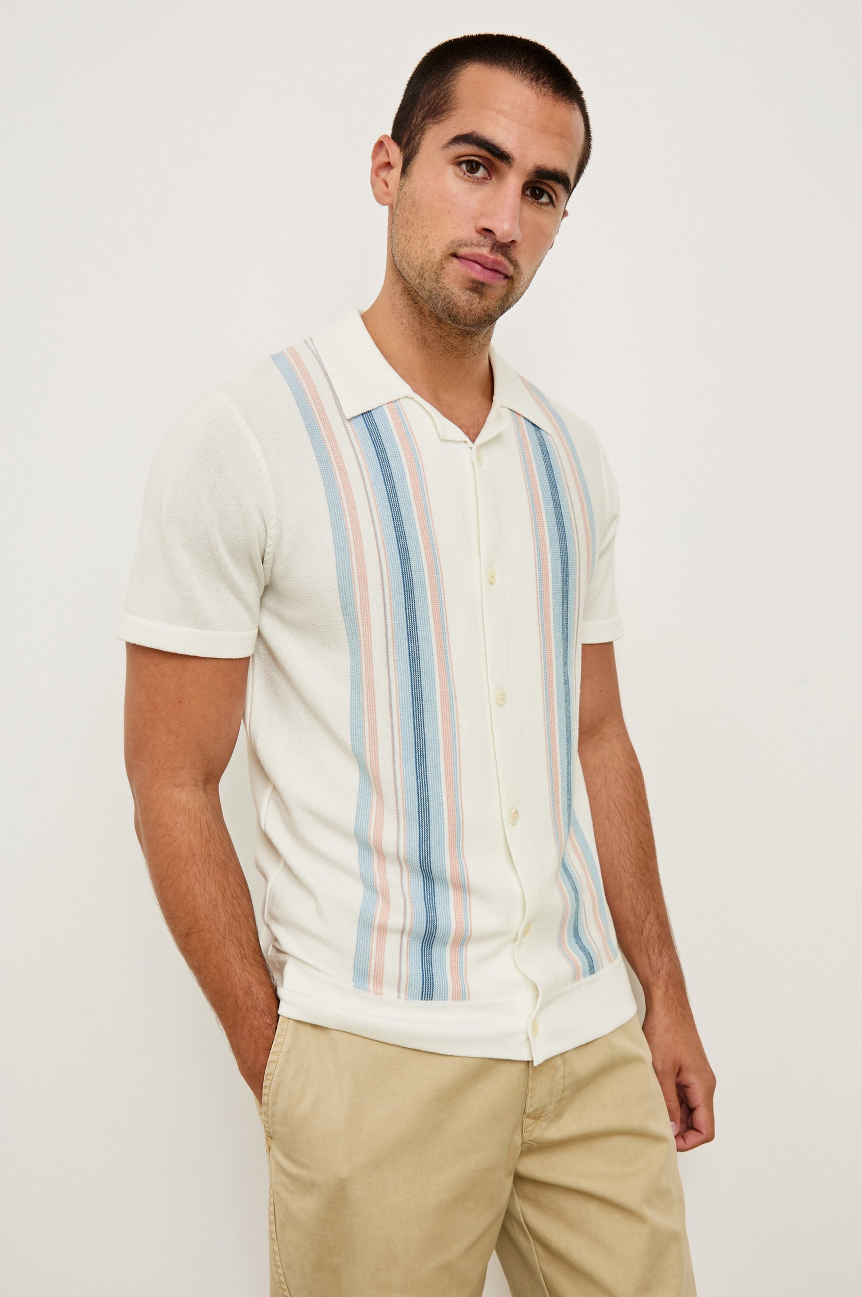 Silas short sleeve knit button down shirt with retro front striped design features in Sky Pink Multi - front view on model