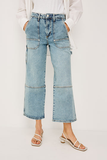 Silverado Pant in Comfort Stretch Denim With High-Waisted Fit, Wide Legs,and Utility Details and Pockets in Blueprint Colorway - Lower Body Front View Featured on Model