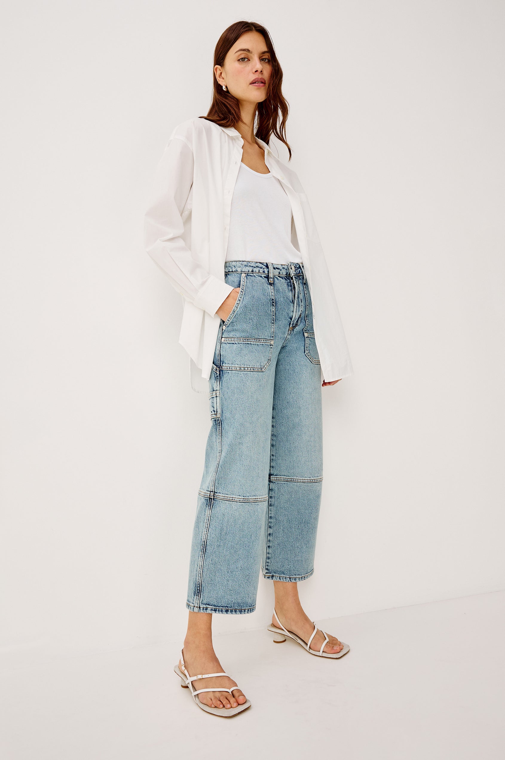 Silverado Pant in Comfort Stretch Denim With High-Waisted Fit, Wide Legs,and Utility Details and Pockets in Blueprint Colorway - Full Body Front View Featured on Model