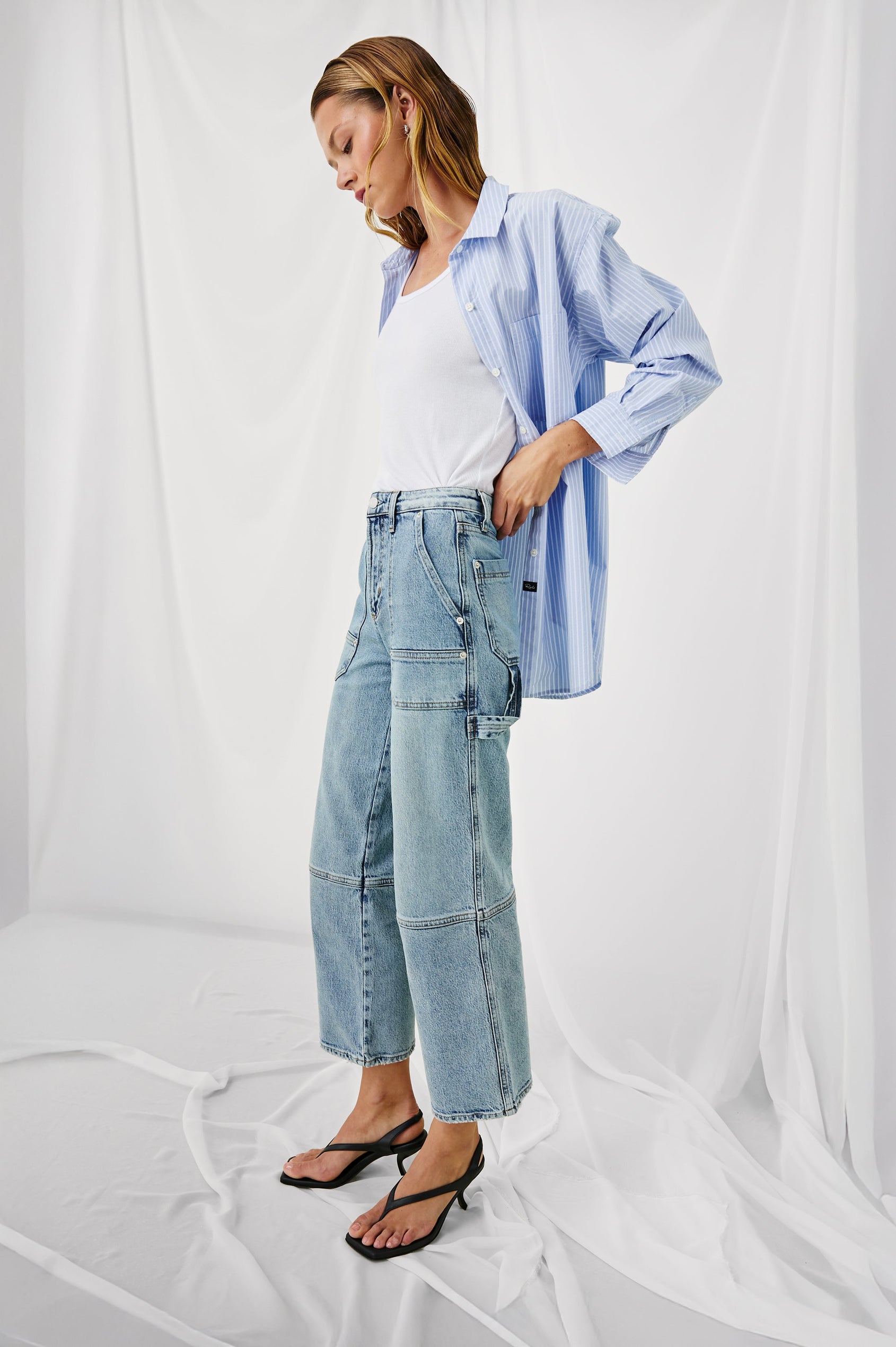 Silverado high rise wide leg crop pant with carpenter style details and contrast stitching in Blueprint - stylized full body front view on modeL