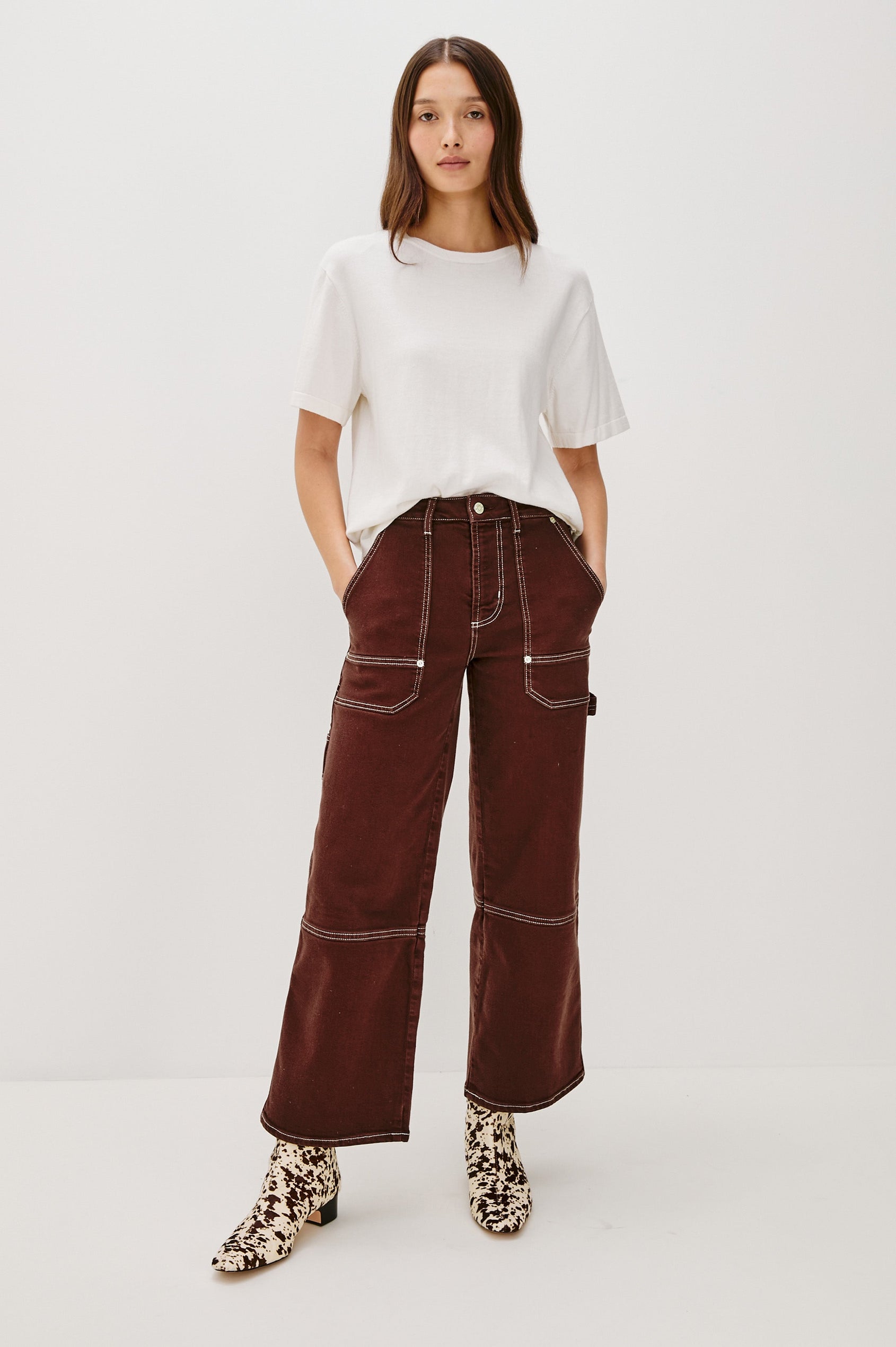 Silverado high rise wide leg crop pant with carpenter style details and contrast stitching in Chocolate Contrast Stitch - front full body view on model.