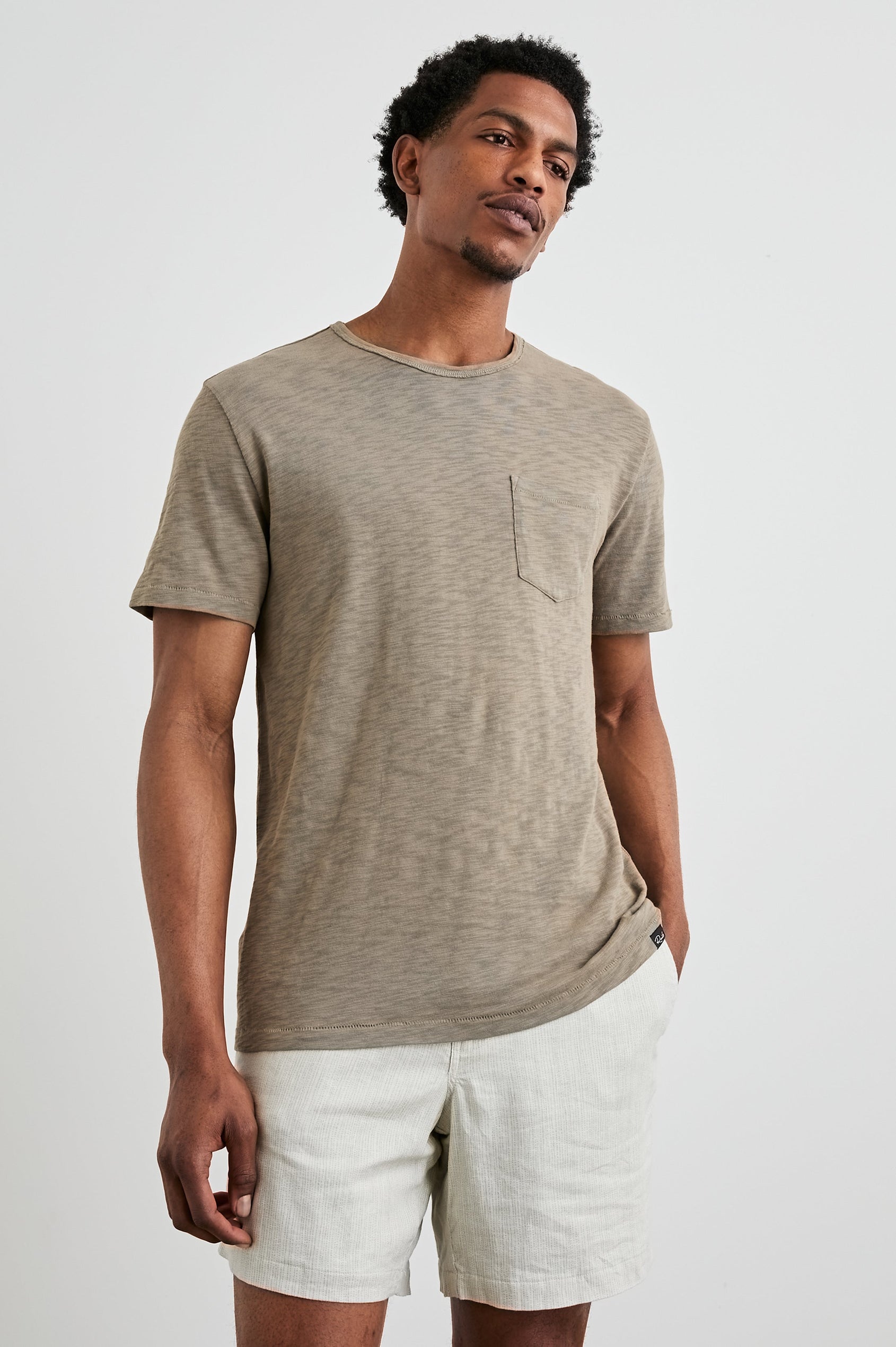 Skipper Short-Sleeve T-shirt with a Crew Neck and a Chest Patch Pocket in Barley Colorway - Front View Featured on Model