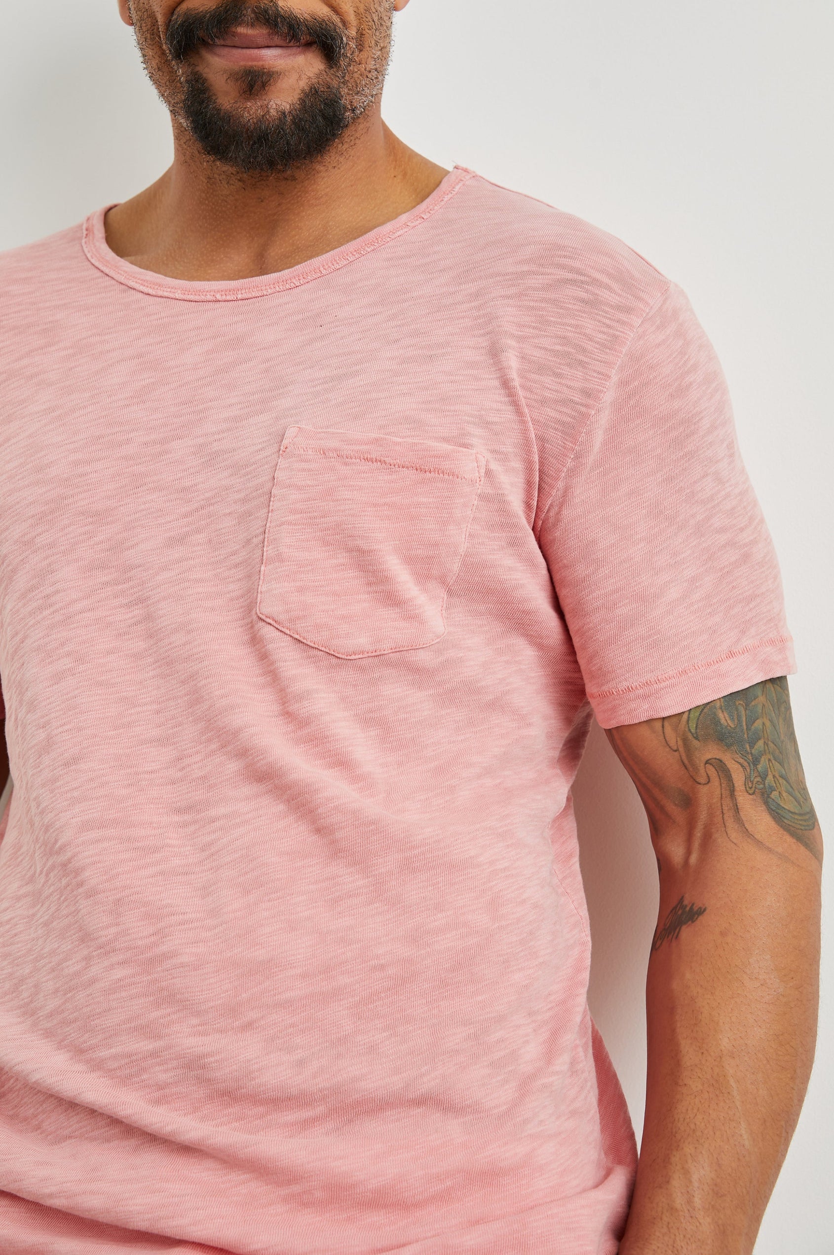 Skipper Short-Sleeve T-shirt with a Crew Neck and a Chest Patch Pocket in Equator Colorway, a Pink - Front View Featured on Model