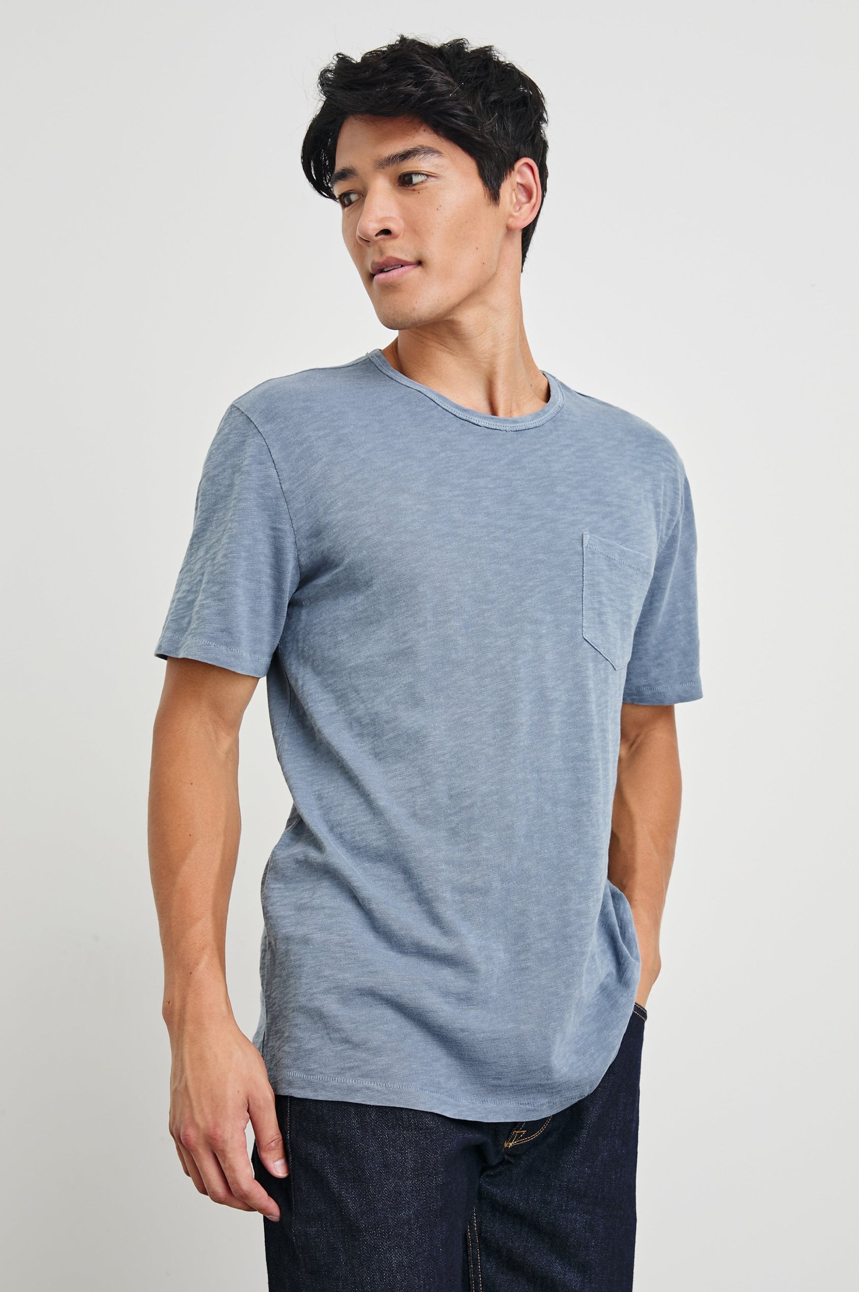 Skipper Short-Sleeve T-shirt with a Crew Neck and a Chest Patch Pocket in Steel Colorway - Front View Featured on Model