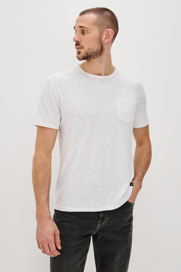Skipper Short-Sleeve T-shirt with a Crew Neck and a Chest Patch Pocket in White Colorway - Front View Featured on Model