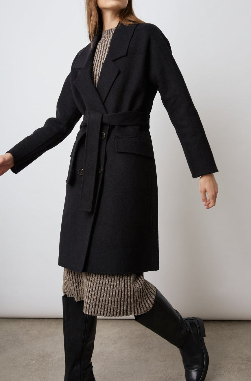 SLOAN BLACK COAT-FULL FRONT BODY IN MOTION