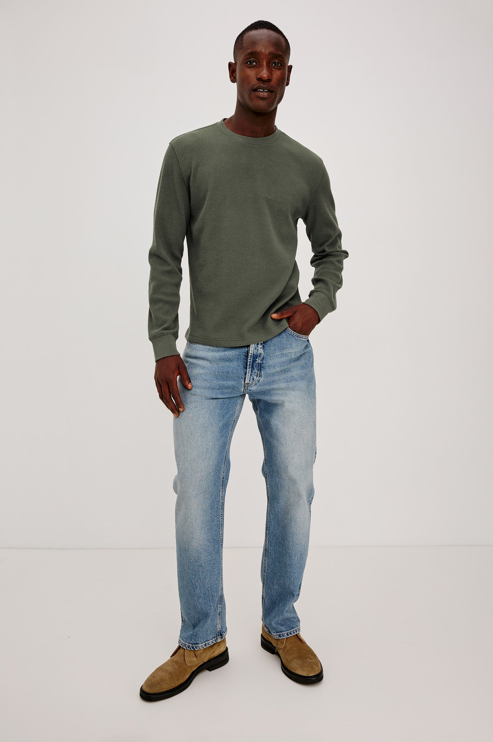 Smith Thermal in Micro-Waflle Cotton Knit With Ribbed Crew Neckline and Cuffs, and Long Sleeves in Pine Needle Colorway - Full Body Front View Featured on Model