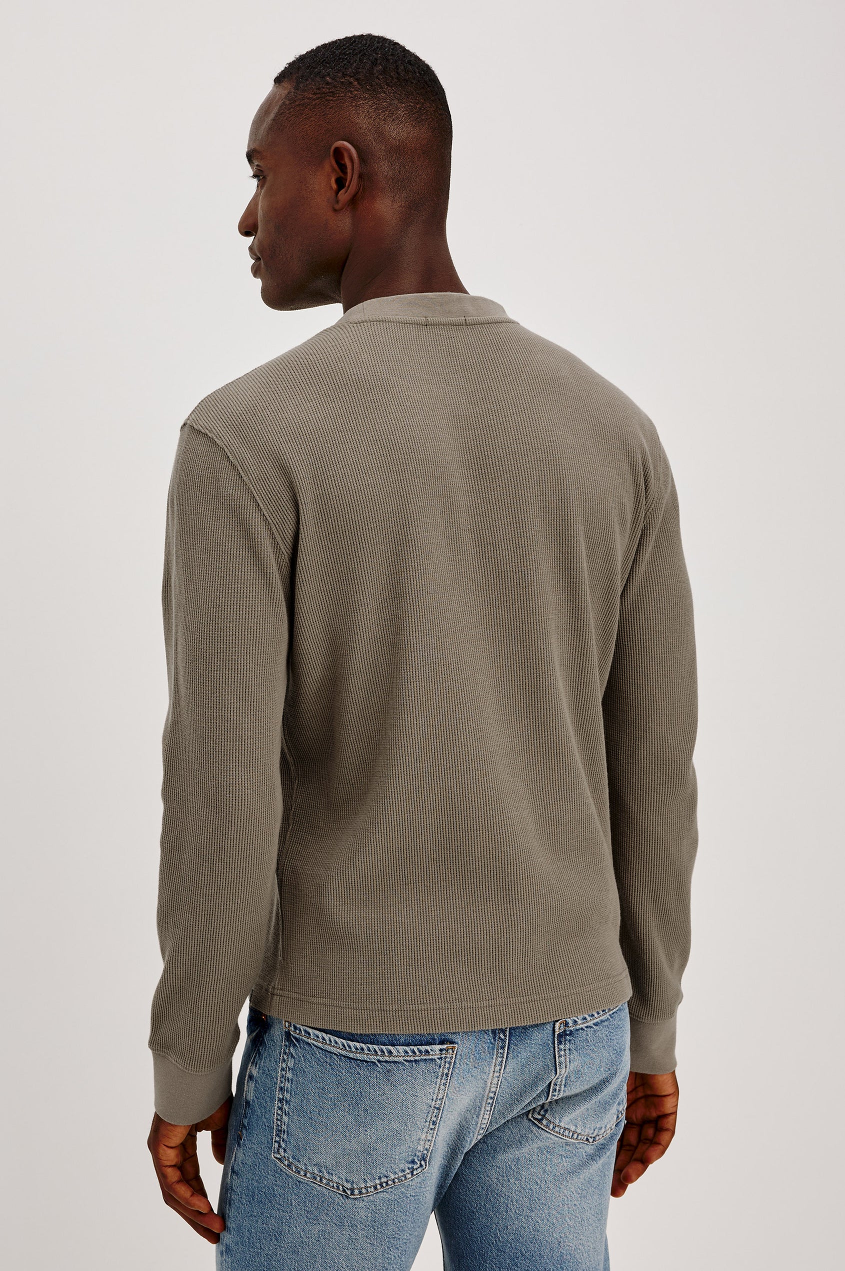 Smith Thermal in Micro-Waflle Cotton Knit With Ribbed Crew Neckline and Cuffs, and Long Sleeves in Walnut Colorway - Upper Body Back View Featured on Model