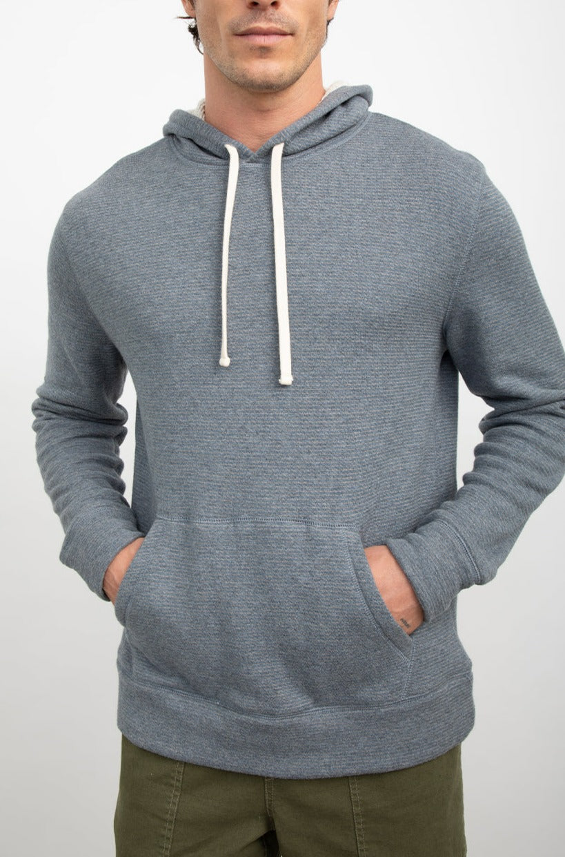 SMITH BLUE BARLEY STRIPE HOODIE-FRONT HANDS IN POCKET