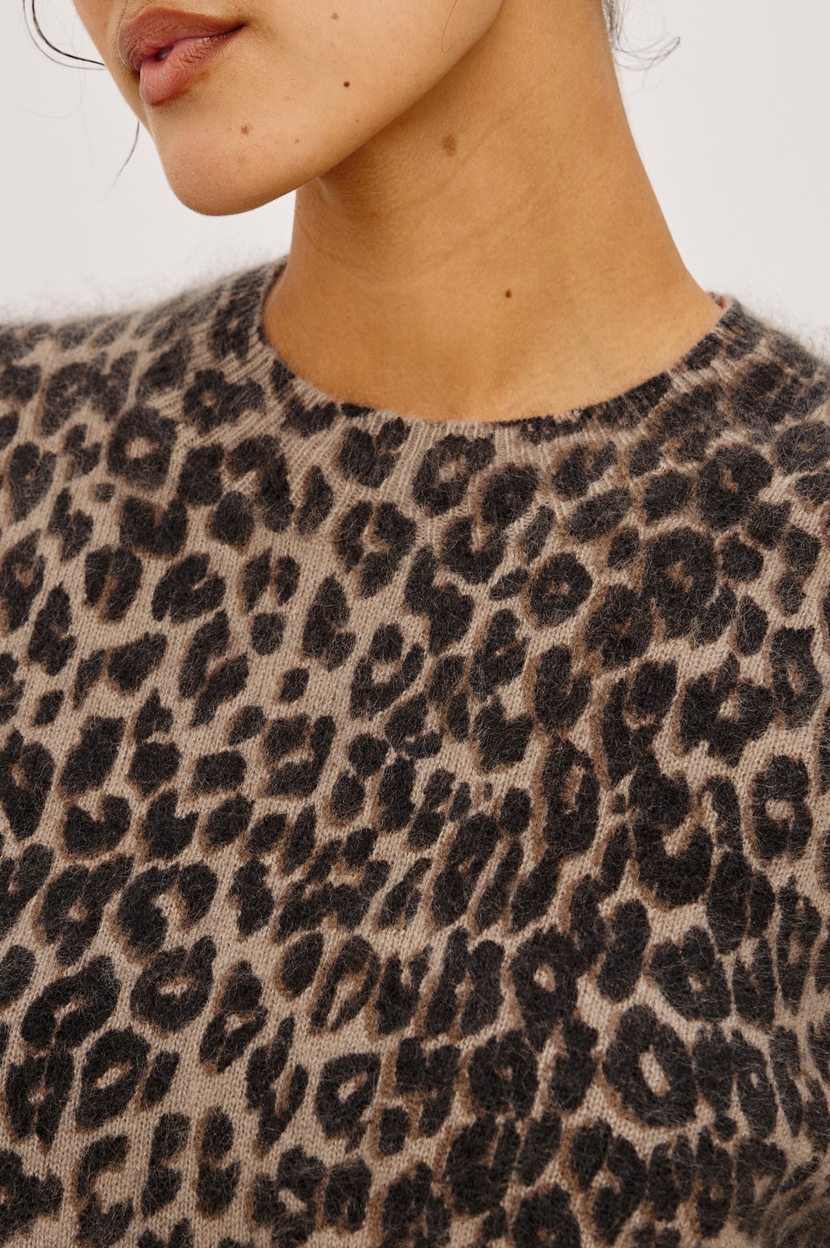 Sofia Sweater in Soft Brushed Wool Blend Knit With Relaxed Fit, Crew Neck, Long Sleeves, and Ribbed Trim in Brown Nala Colorway - Upper Body Front View Featured on Model