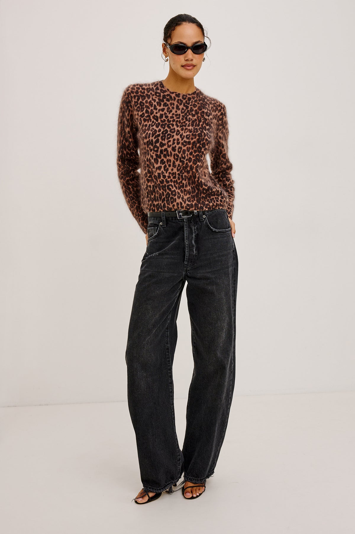Sofia Sweater in Soft Brushed Wool Blend Knit With Relaxed Fit, Crew Neck, Long Sleeves, and Ribbed Trim in Brown Nala Colorway - Full Body Front View Featured on Model