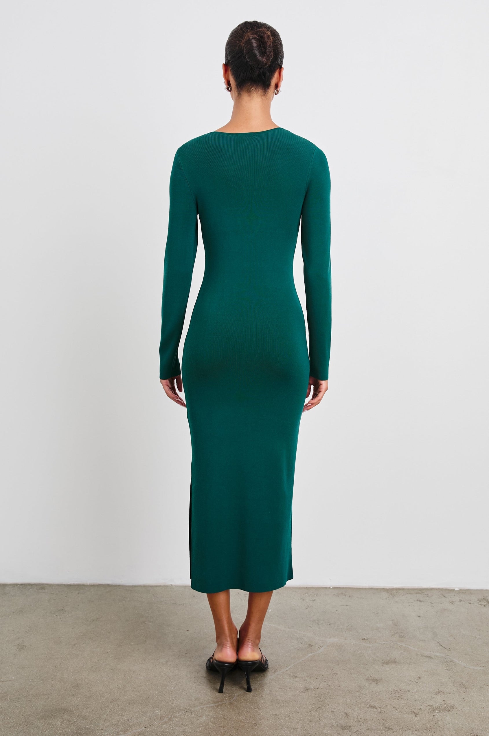 Solma Long-Sleeve Midi Dress with a Deep Geometric Cutout and a Thigh-High Side Slit in Evergreen Colorway - Back Full Body View Featured on Model
