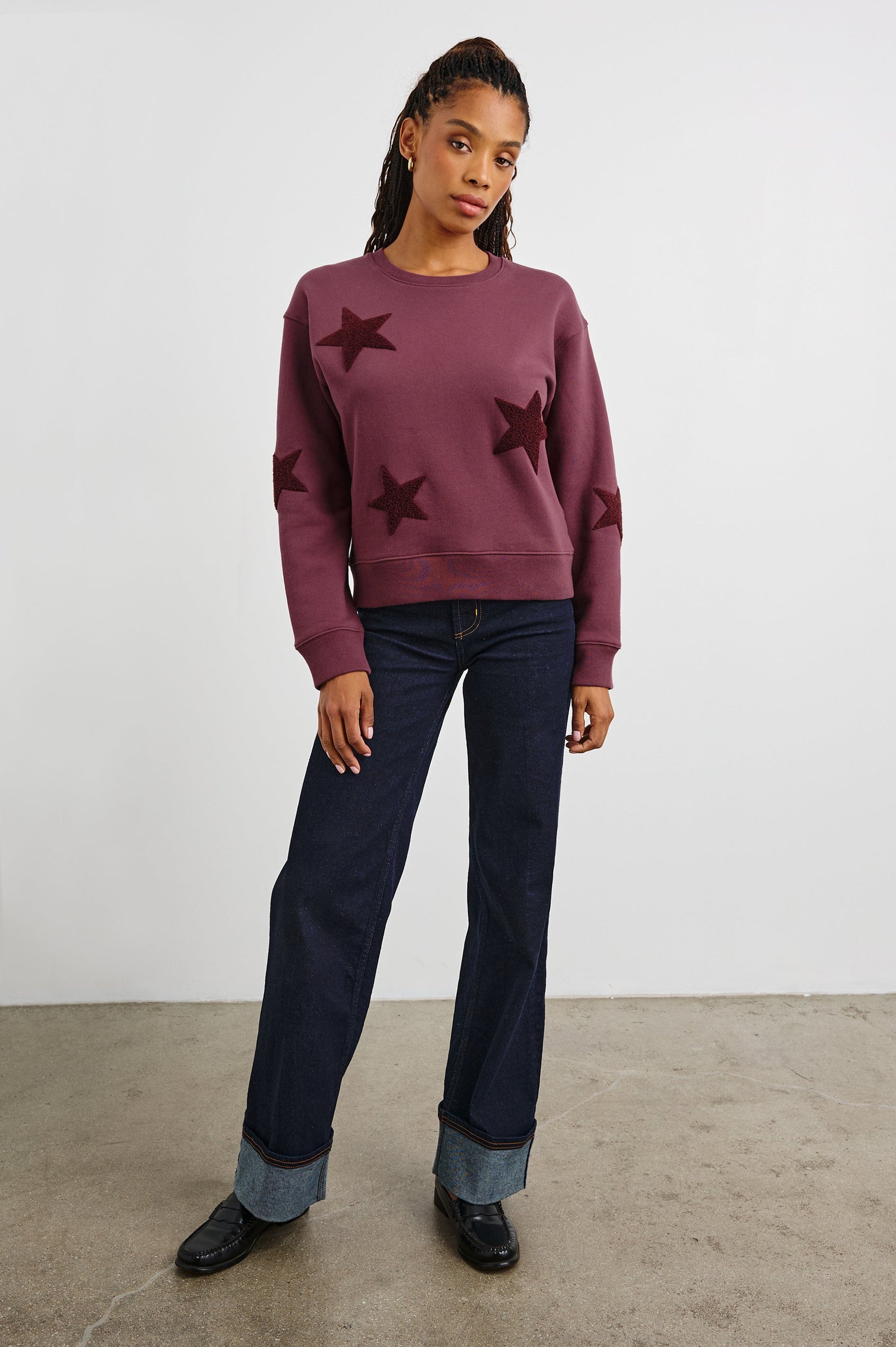 Sonia Long-Sleeve Sweatshirt with a Crew Neck and Patch Stars in Burgundy Colorway, with stars in a darker shade - Front Full Model View Featured on Model