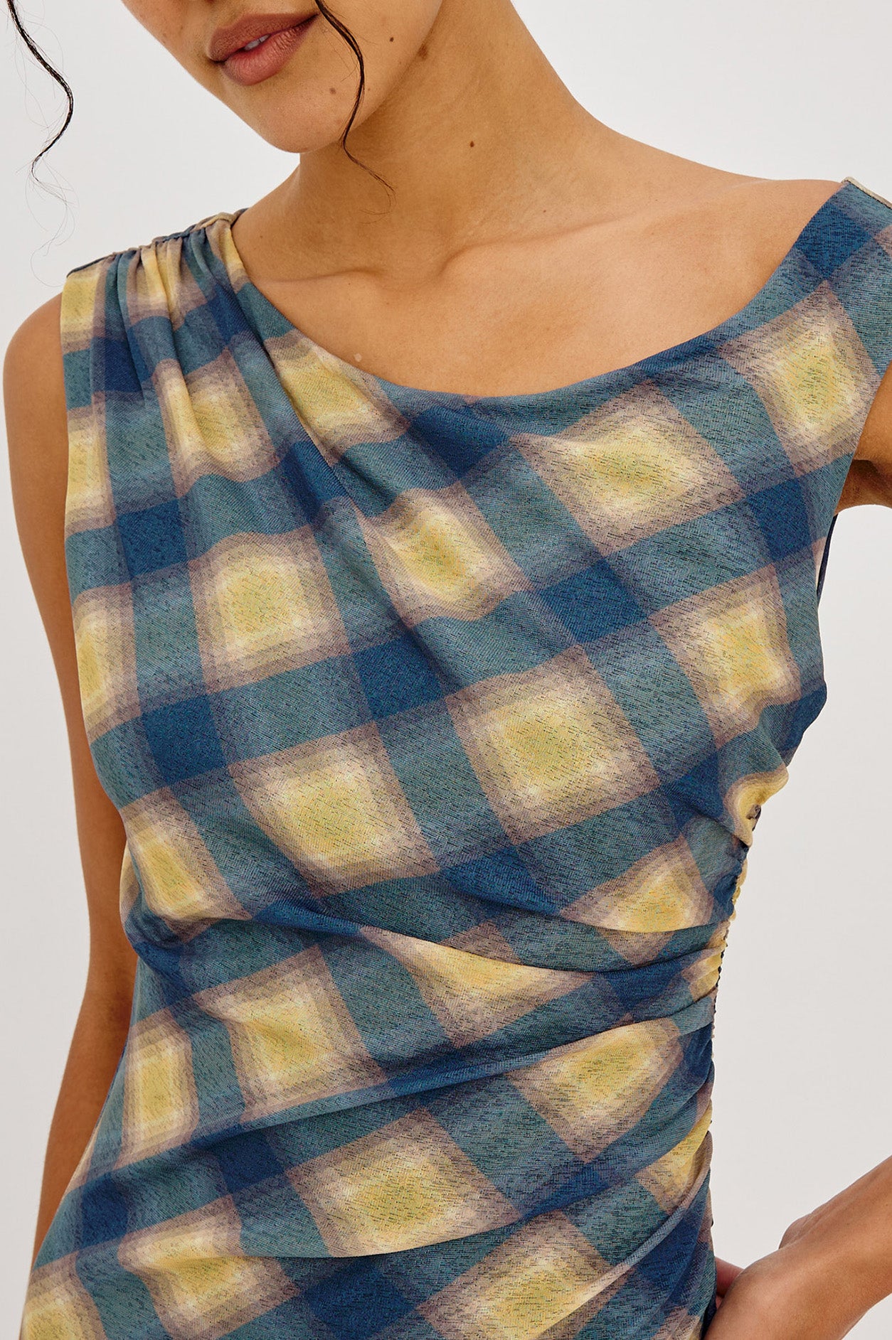 Sorra Midi Dress in Self-Lined Mesh With Asymmetrrical Neckline, Shirred Shoulder Strap, Side Waist Ruching, Bias-Cut Skirt in Navy Sage Plaid Colorway - Upper Body Front View Featured on Model