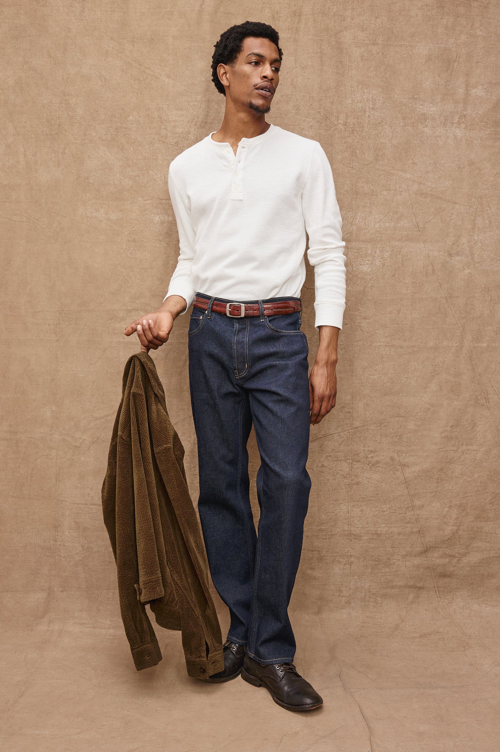 Soto long sleeve henley with front button half placket in Whitecap - front full body view on model