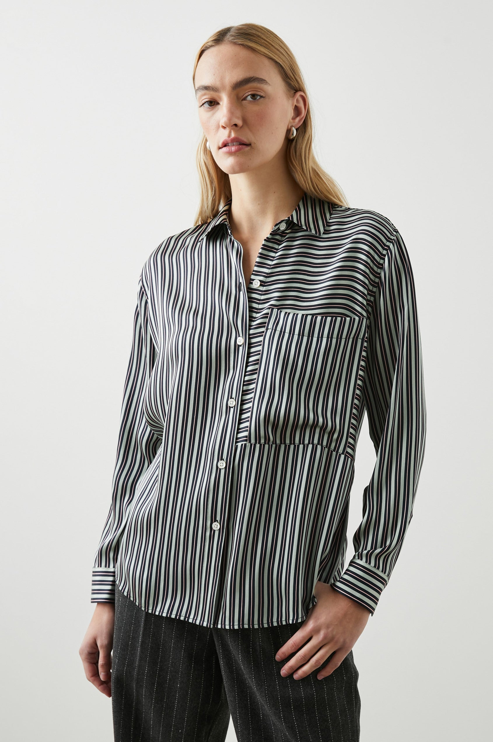 Spencer Long-Sleeve Button Up with Chest Patch Pocket in Aspen Stripe Colorway, Pink and Black mixed vertical and horizontal stripes on Aspen - Front View Featured on Model