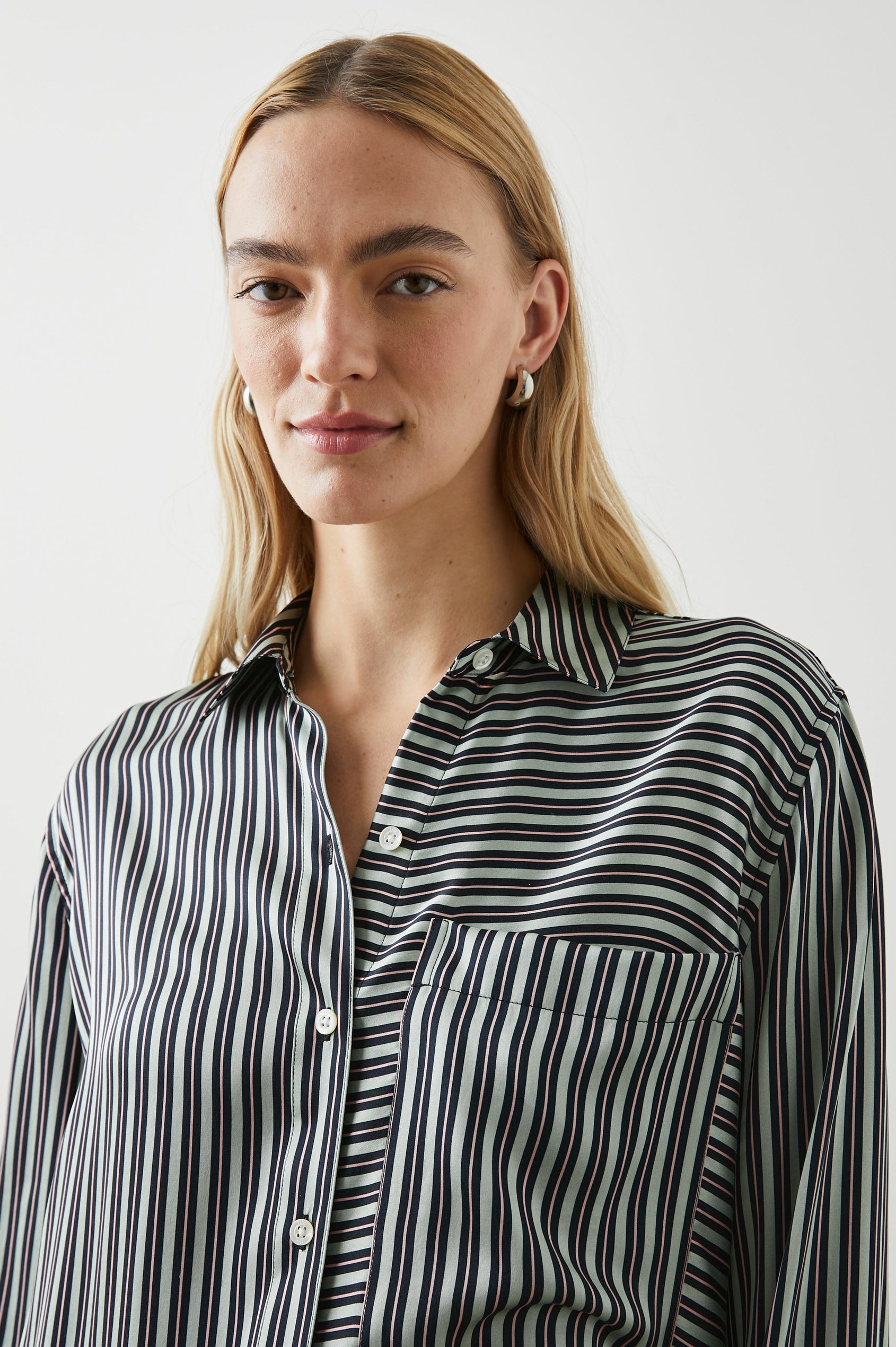 Spencer Long-Sleeve Button Up with Chest Patch Pocket in Aspen Stripe Colorway, Pink and Black mixed vertical and horizontal stripes on Aspen - Front View Featured on Model