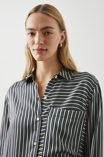 Spencer Long-Sleeve Button Up with Chest Patch Pocket in Aspen Stripe Colorway, Pink and Black mixed vertical and horizontal stripes on Aspen - Front View Featured on Model