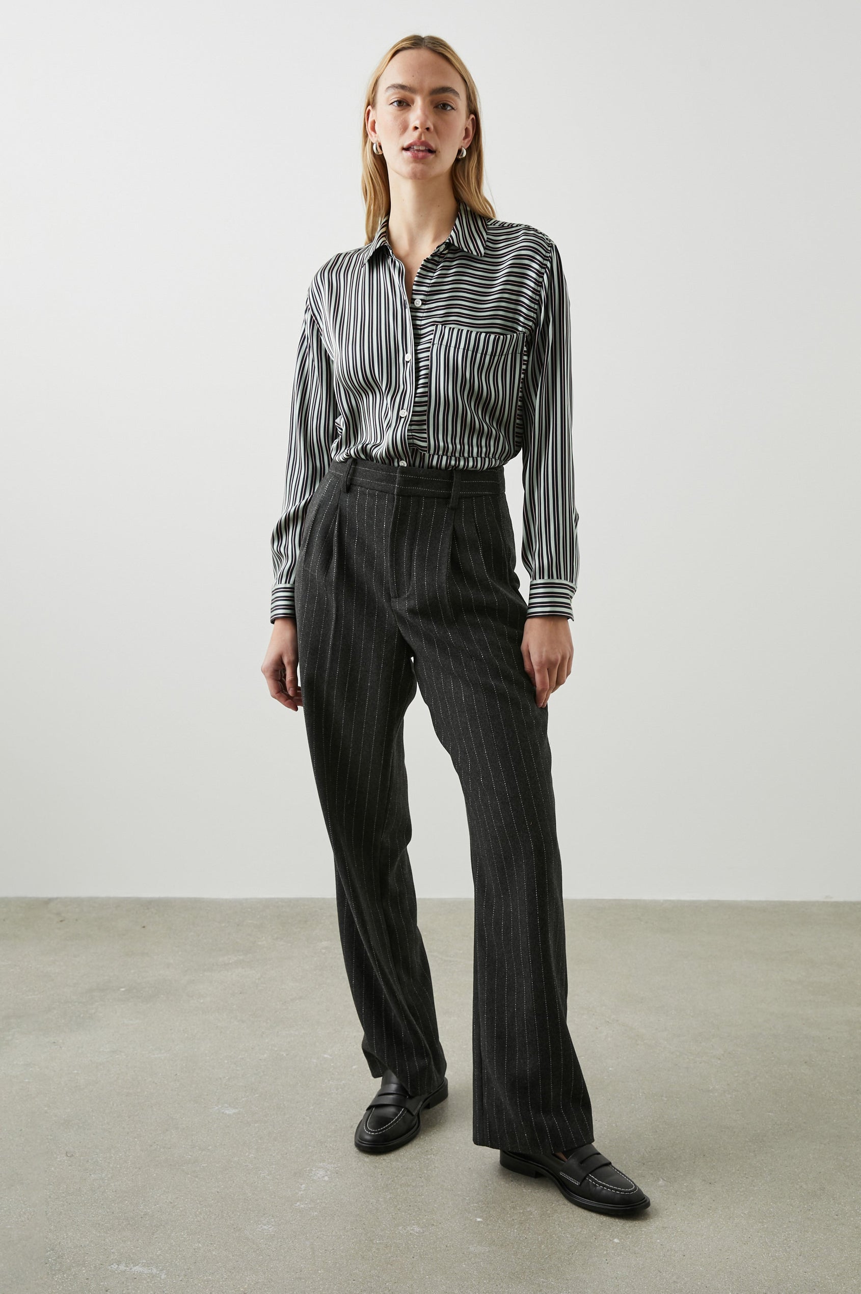 Spencer Long-Sleeve Button Up with Chest Patch Pocket in Aspen Stripe Colorway, Pink and Black mixed vertical and horizontal stripes on Aspen - Front Full Body View Featured on Model