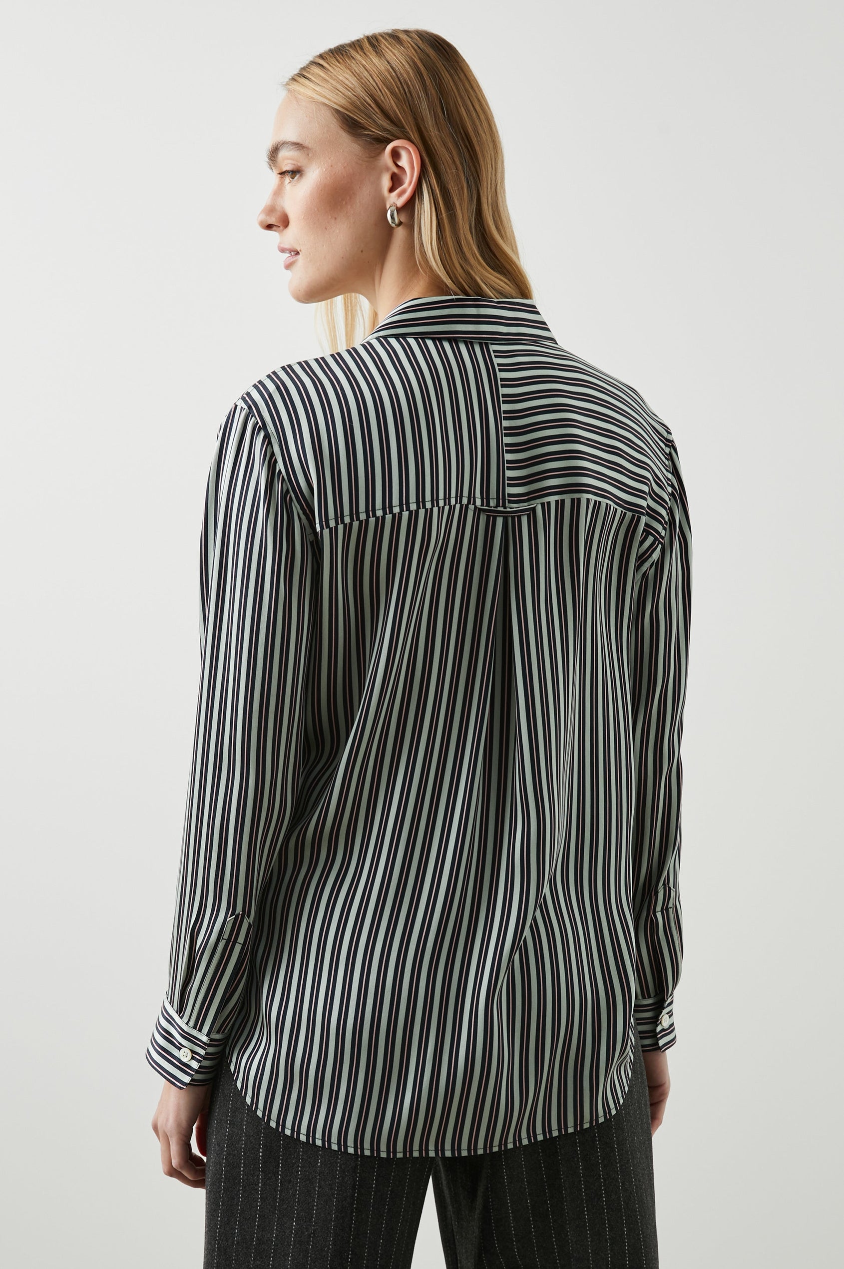 Spencer Long-Sleeve Button Up with Chest Patch Pocket in Aspen Stripe Colorway, Pink and Black mixed vertical and horizontal stripes on Aspen - Back View Featured on Model