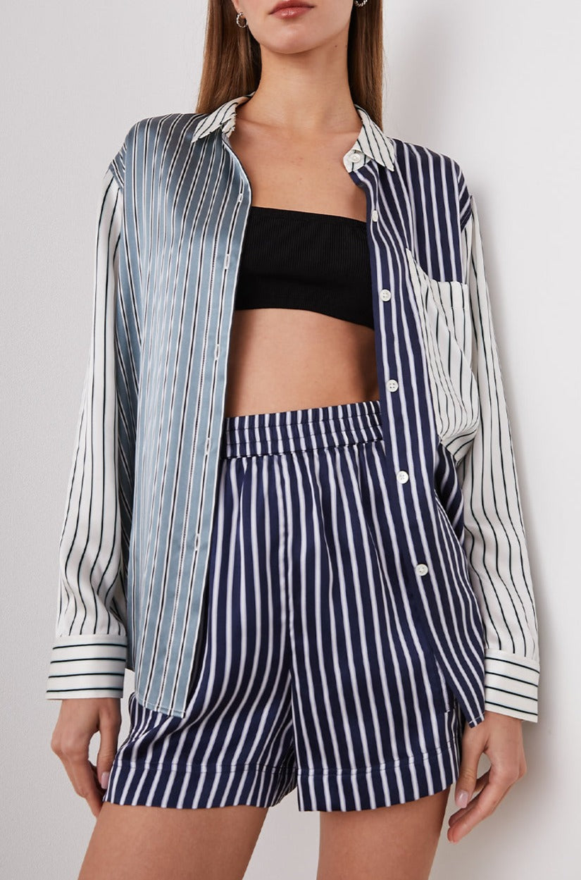 Spencer Long-Sleeve Button Up with Chest Patch Pocket in Kent Multi Stripe Colorway, Patches of different colored vertical and horizontal stripes in blue and whites - Front Unbuttoned View Featured on Model