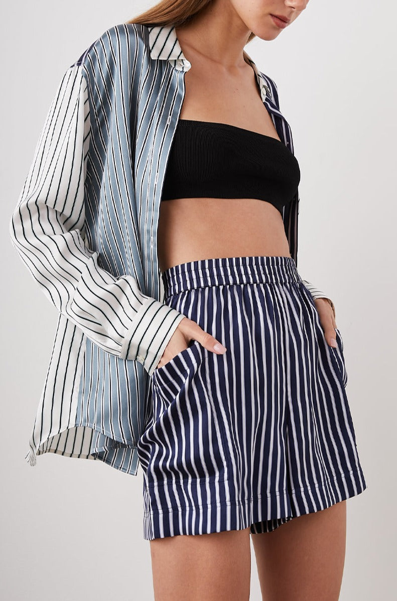 Spencer Long-Sleeve Button Up with Chest Patch Pocket in Kent Multi Stripe Colorway, Patches of different colored vertical and horizontal stripes in blue and whites - Front Unbuttoned View Featured on Model