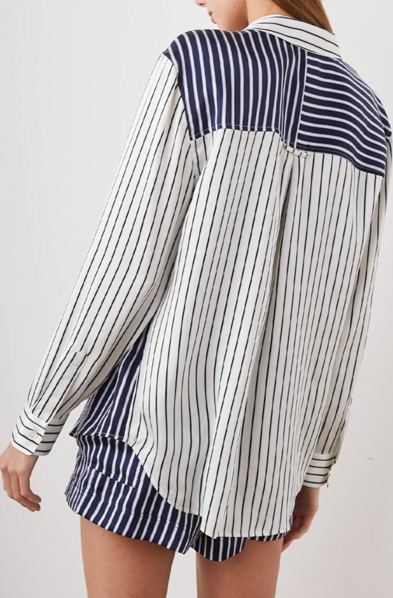 Spencer Long-Sleeve Button Up with Chest Patch Pocket in Kent Multi Stripe Colorway, Patches of different colored vertical and horizontal stripes in blue and whites - Back Unbuttoned View Featured on Model