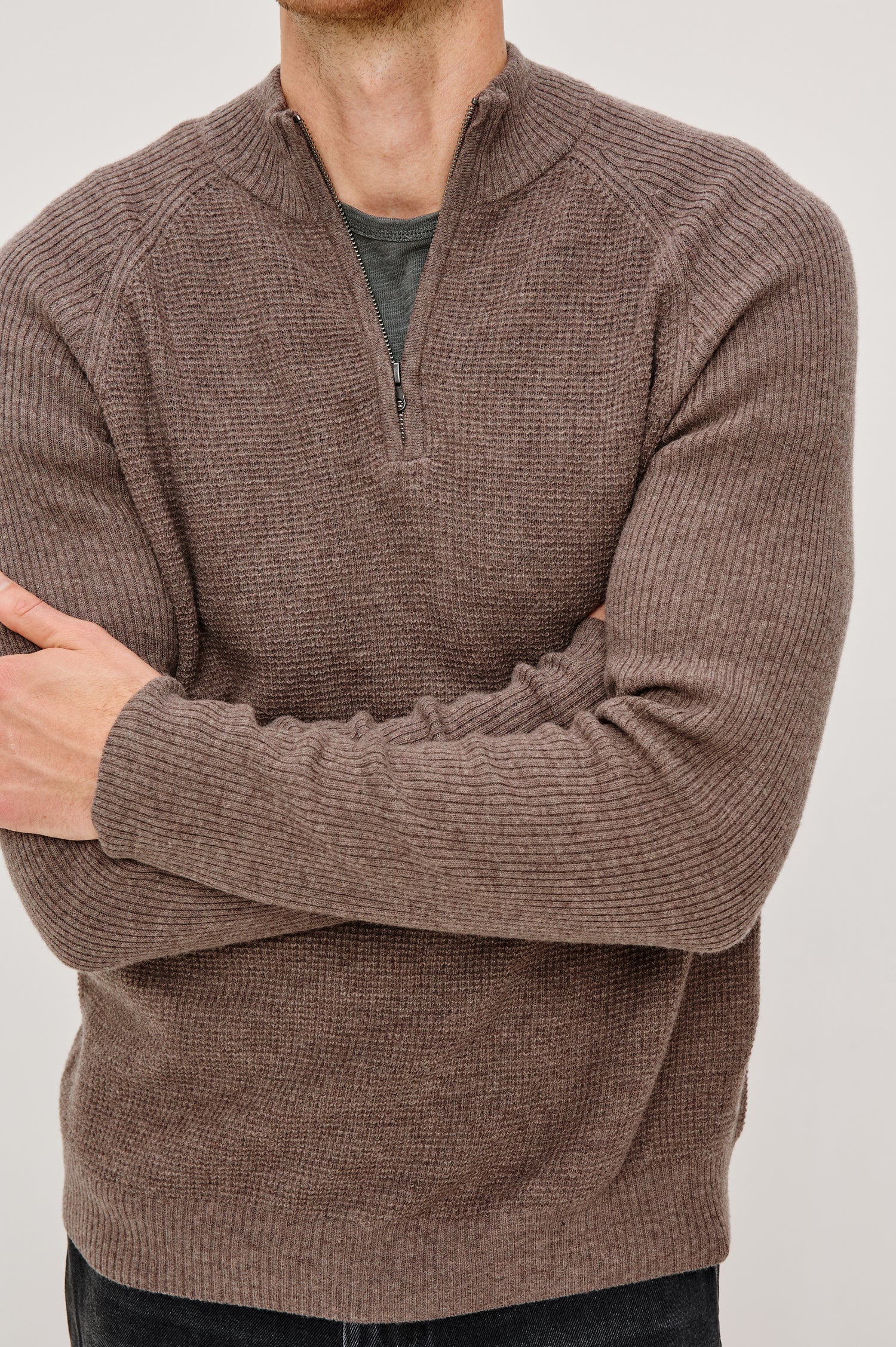 Stark Quarter Zip Sweater in Wool With Mock Neck, Long Sleeves, and Ribbed Trim in Brown Melange Colorway - Upper Body Front View Featured on Model