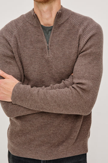 Stark Quarter Zip Sweater in Wool With Mock Neck, Long Sleeves, and Ribbed Trim in Brown Melange Colorway - Upper Body Front View Featured on Model